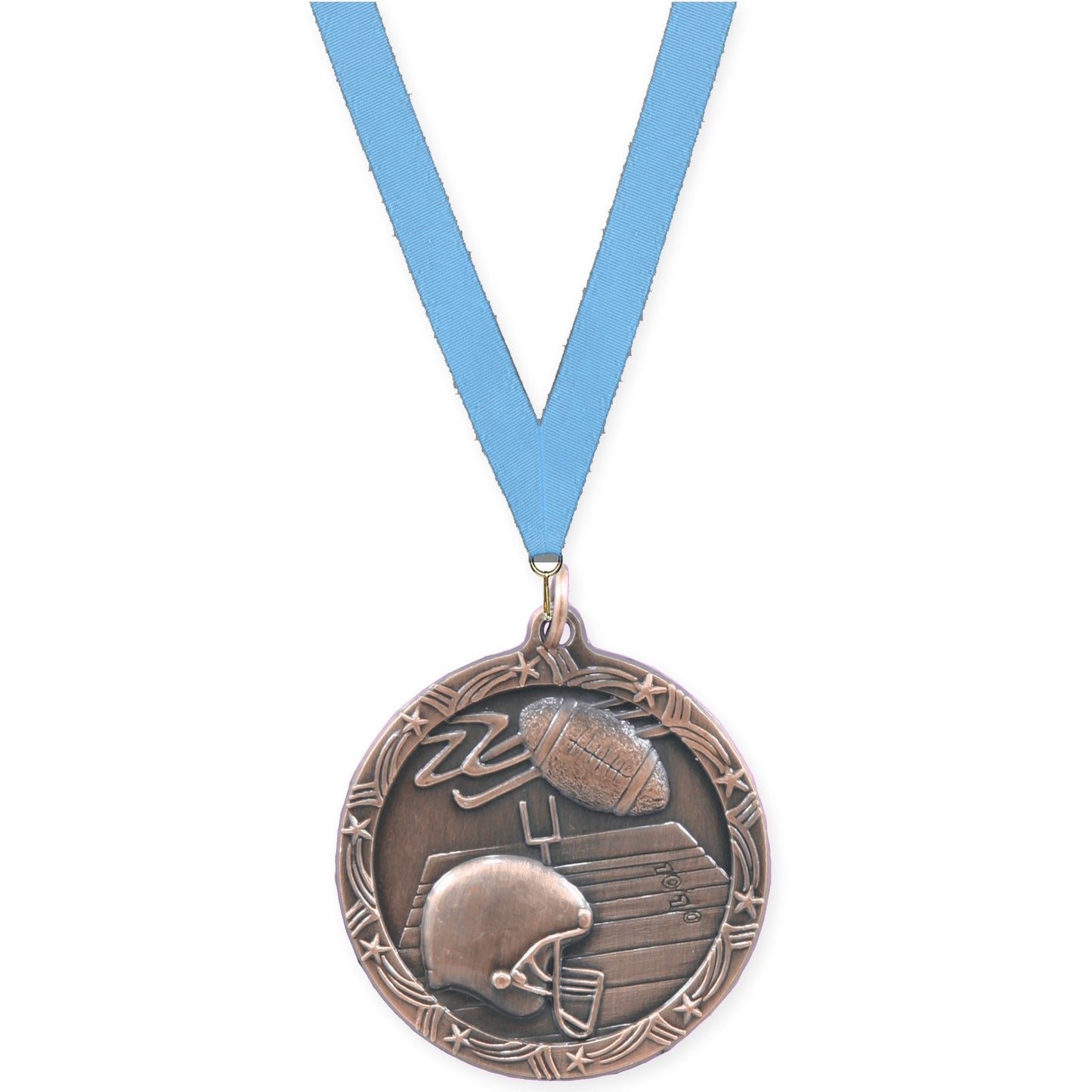2 1/2 inch football Shooting Star medal in antique bronze with Light Blue neck ribbon