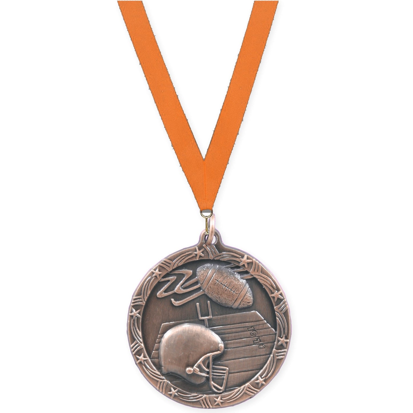 1 3/4 inch football Shooting Star medal in antique bronze with Orange neck ribbon