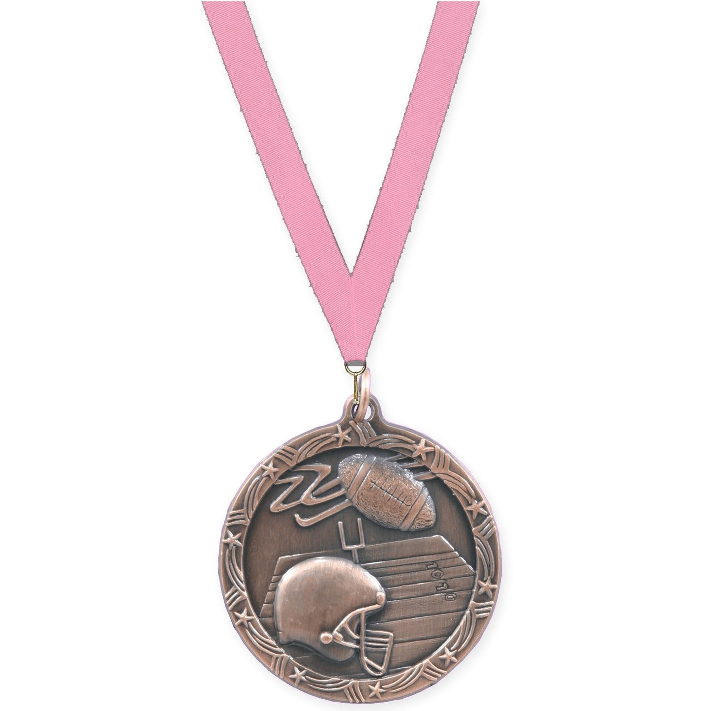 1 3/4 inch football Shooting Star medal in antique bronze with Pink neck ribbon