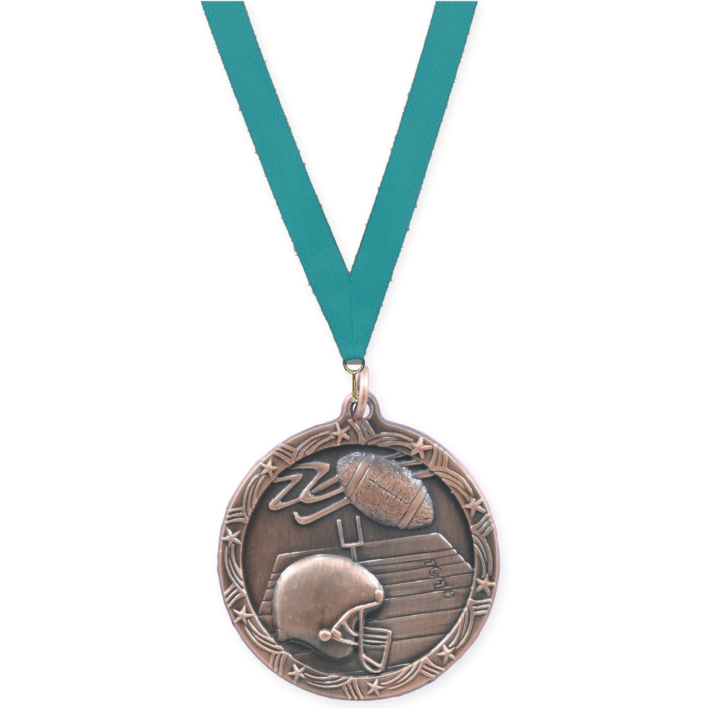 1 3/4 inch football Shooting Star medal in antique bronze with Teal neck ribbon