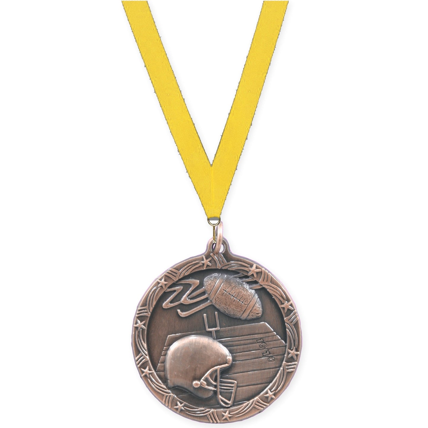 1 3/4 inch football Shooting Star medal in antique bronze with Yellow neck ribbon