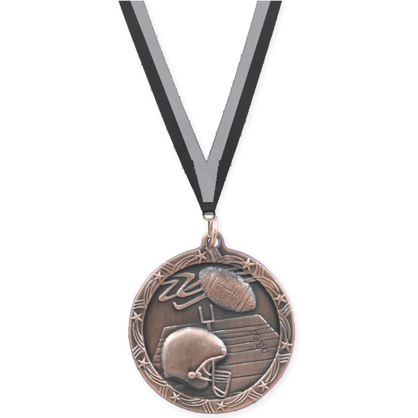 1 3/4 inch football Shooting Star medal in antique bronze with Black Gray neck ribbon