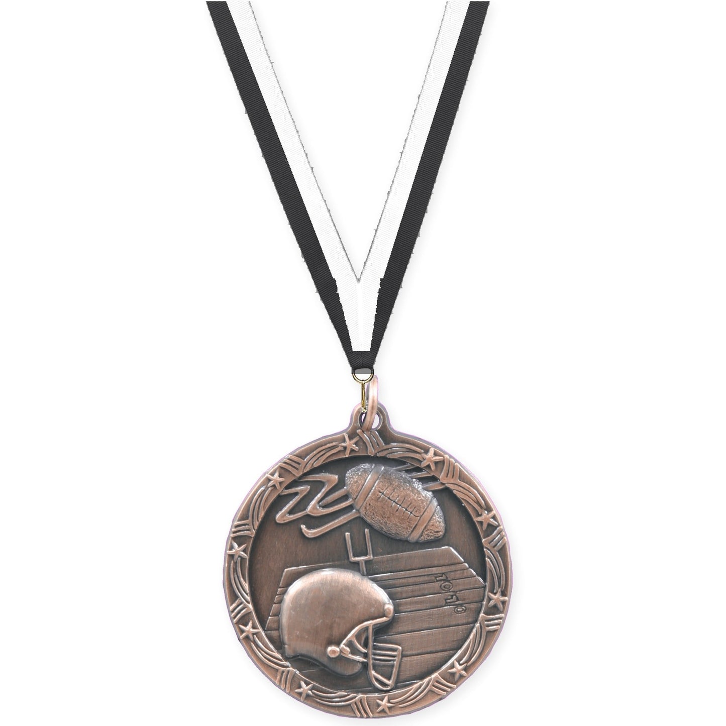 1 3/4 inch football Shooting Star medal in antique bronze with Black White neck ribbon