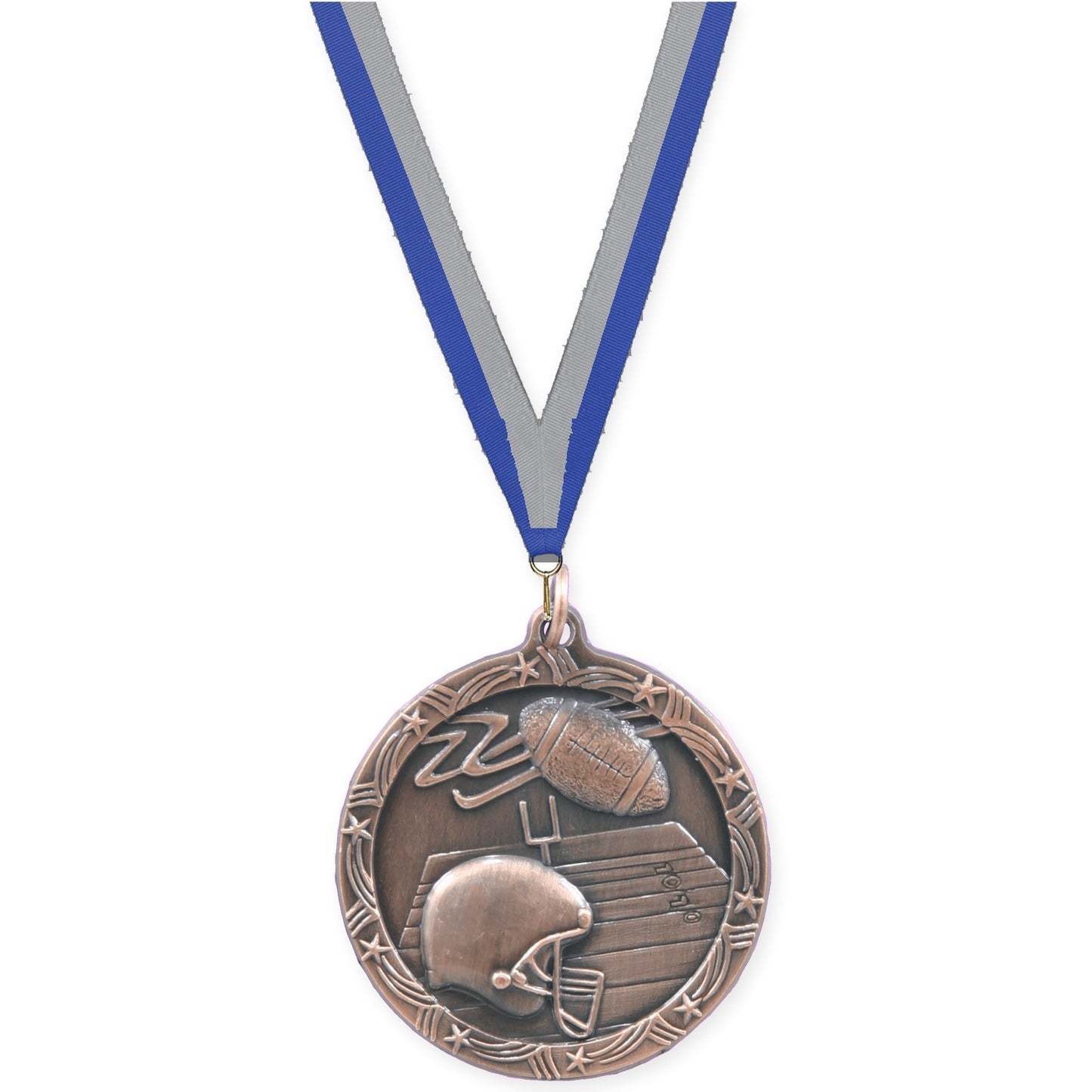 1 3/4 inch football Shooting Star medal in antique bronze with Blue Gray neck ribbon