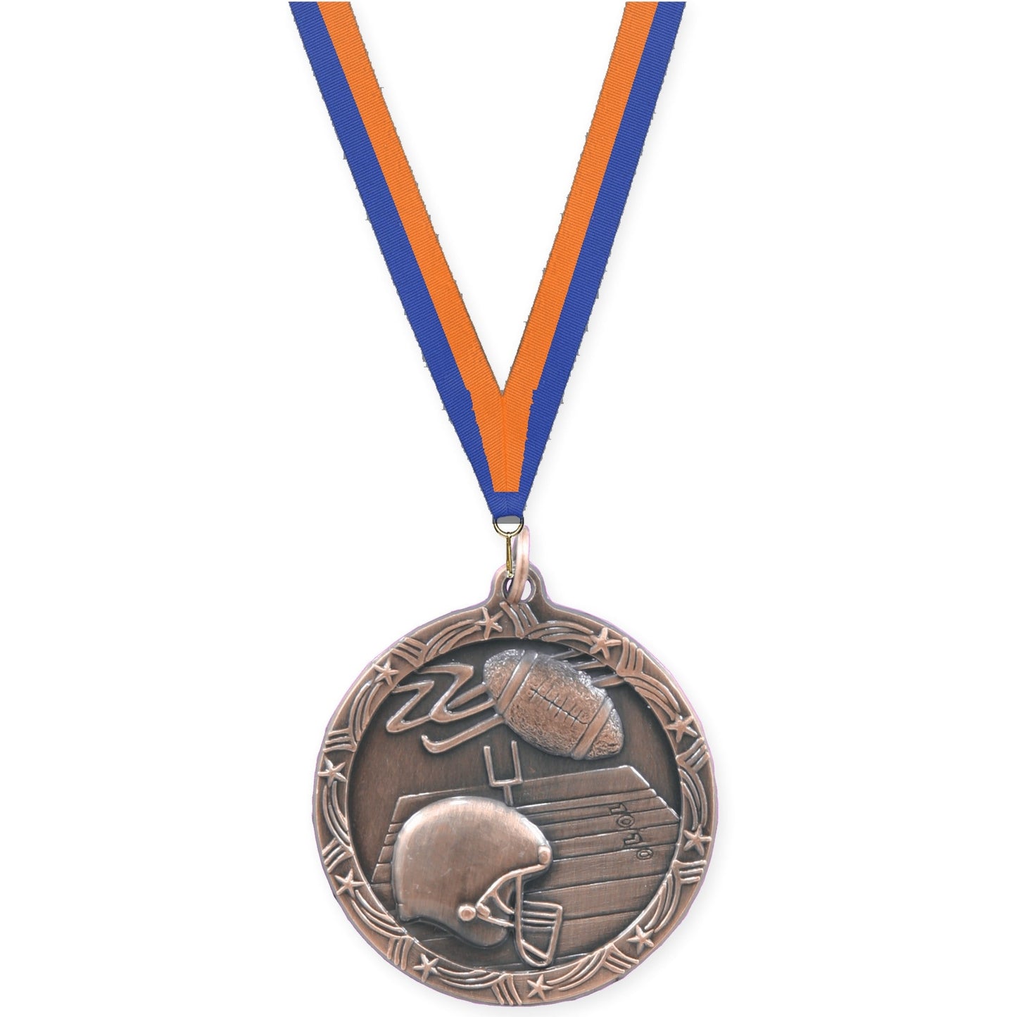 1 3/4 inch football Shooting Star medal in antique bronze with Blue Orange neck ribbon