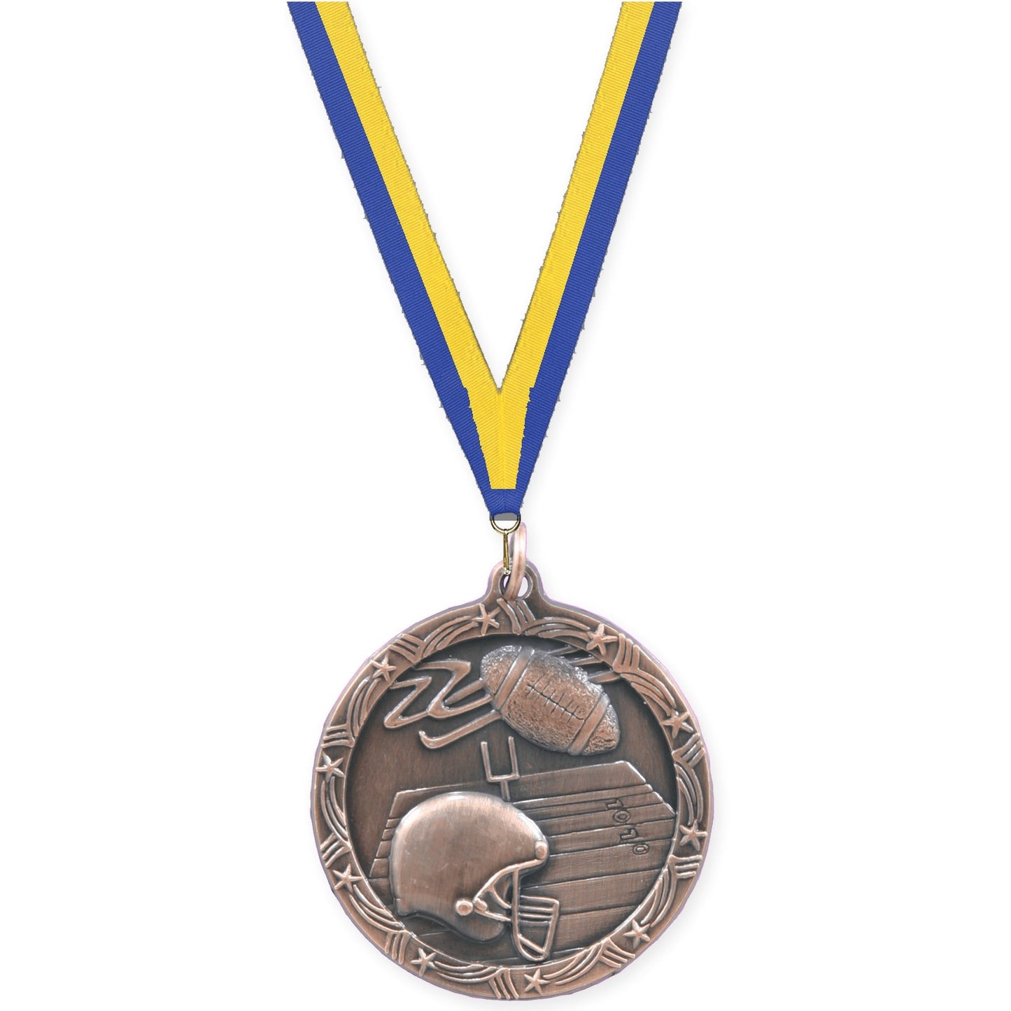 1 3/4 inch football Shooting Star medal in antique bronze with Blue Yellow neck ribbon