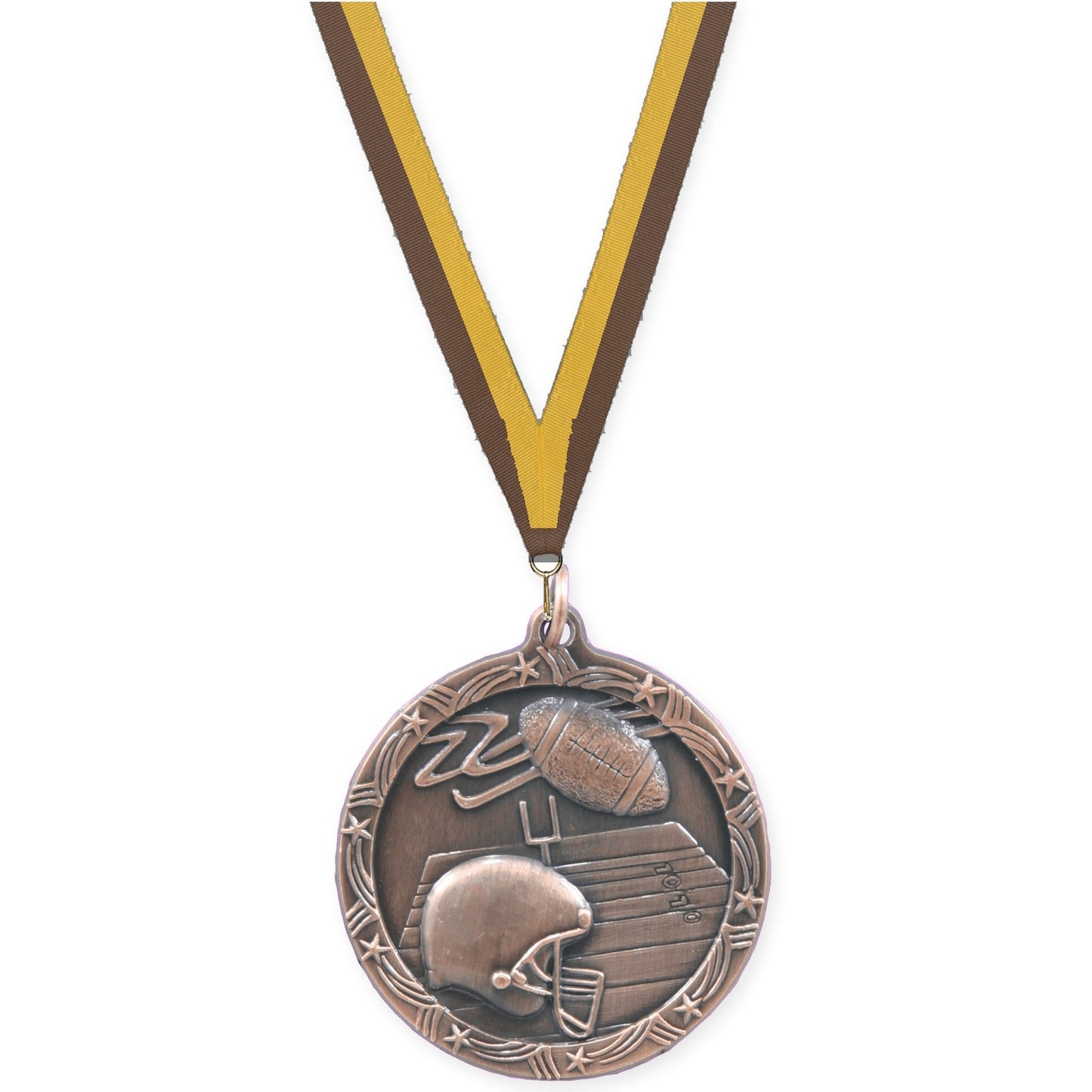1 3/4 inch football Shooting Star medal in antique bronze with Brown Gold neck ribbon