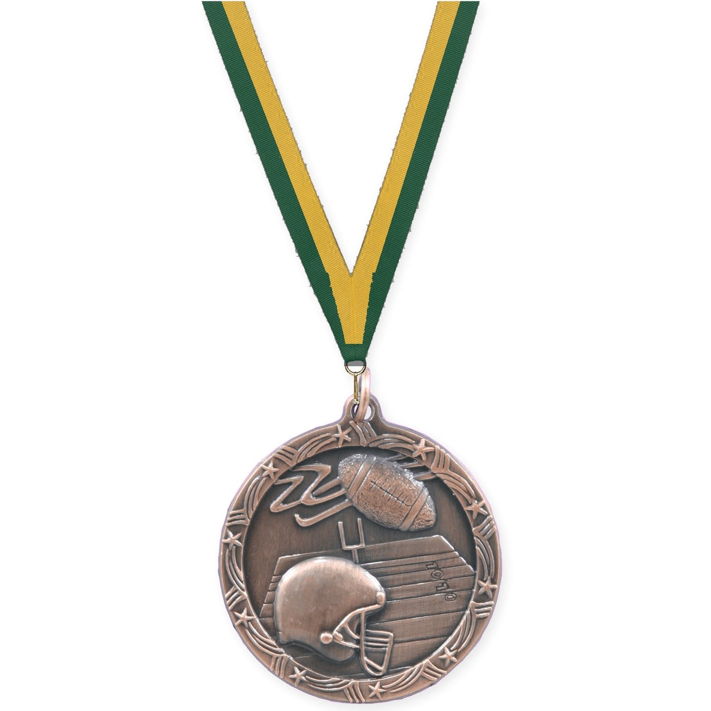 1 3/4 inch football Shooting Star medal in antique bronze with Hunter Green Gold neck ribbon