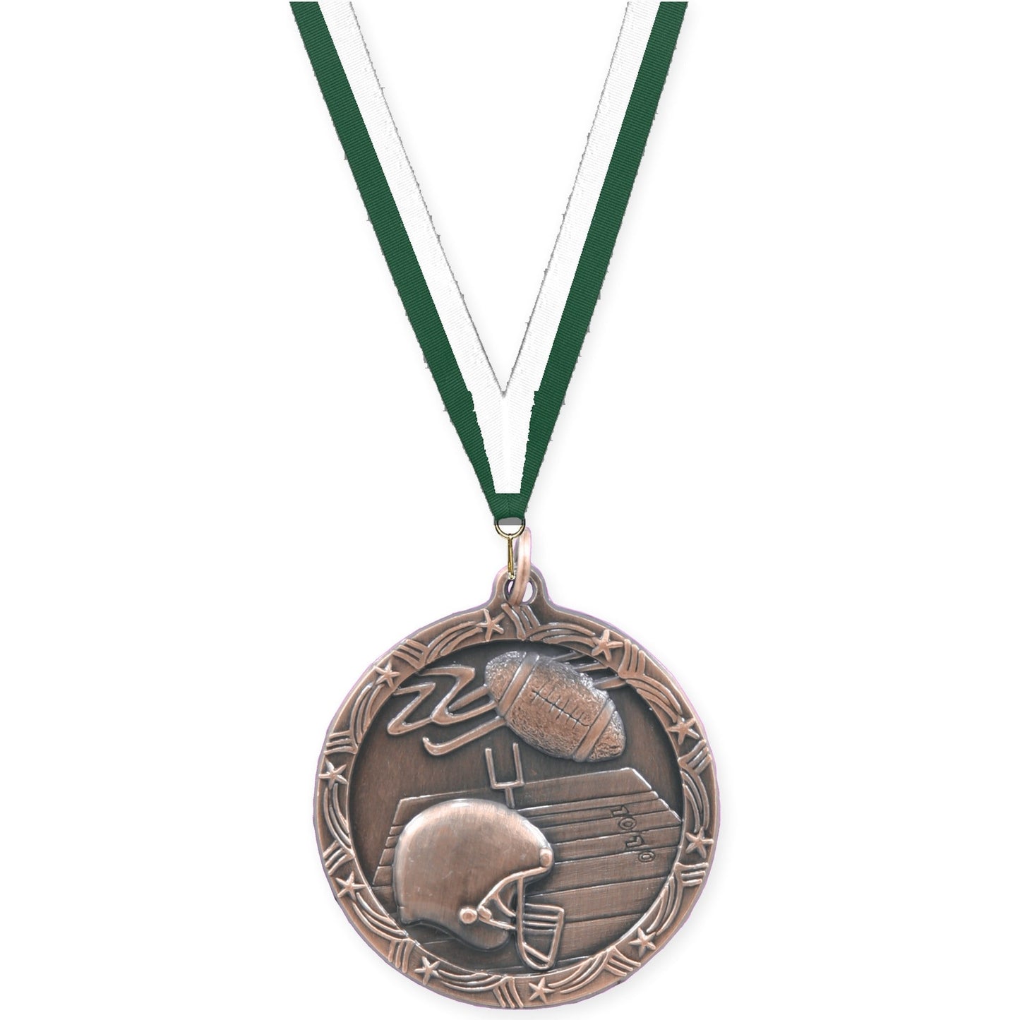 1 3/4 inch football Shooting Star medal in antique bronze with Hunter Green White neck ribbon