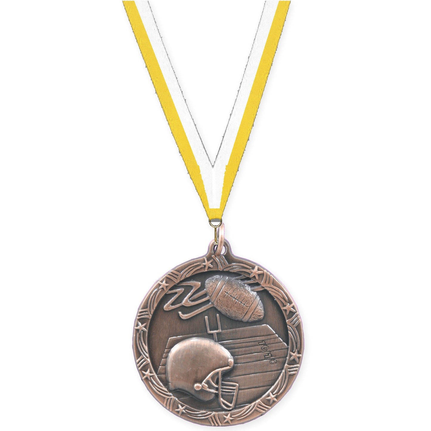 1 3/4 inch football Shooting Star medal in antique bronze with Yellow White neck ribbon