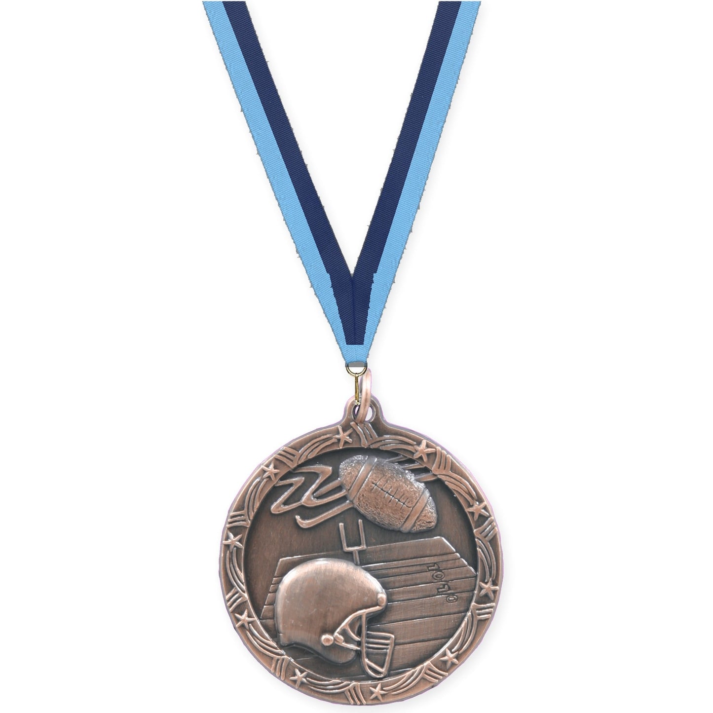 2 1/2 inch football Shooting Star medal in antique bronze with Light Blue Navy neck ribbon