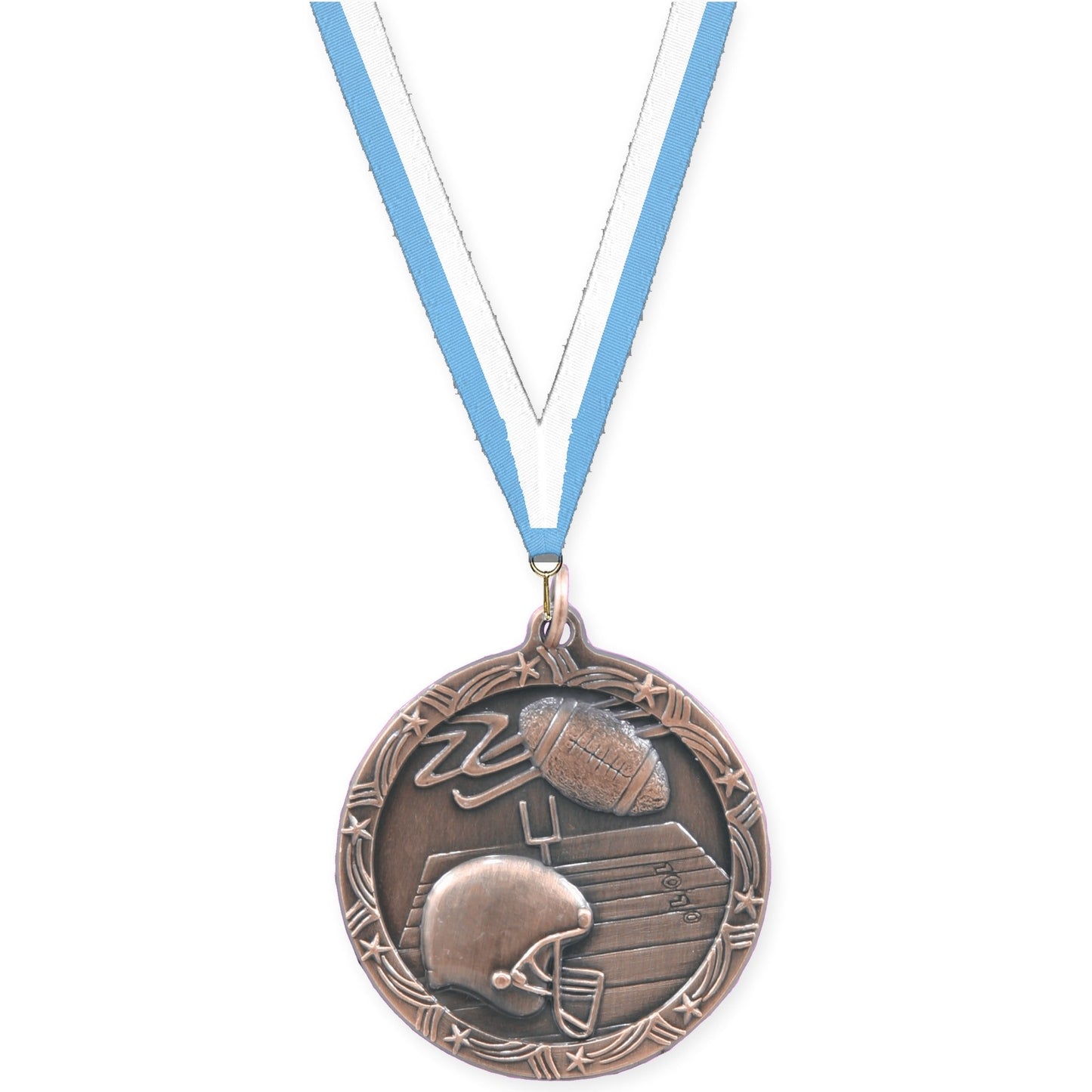 1 3/4 inch football Shooting Star medal in antique bronze with Light Blue White neck ribbon
