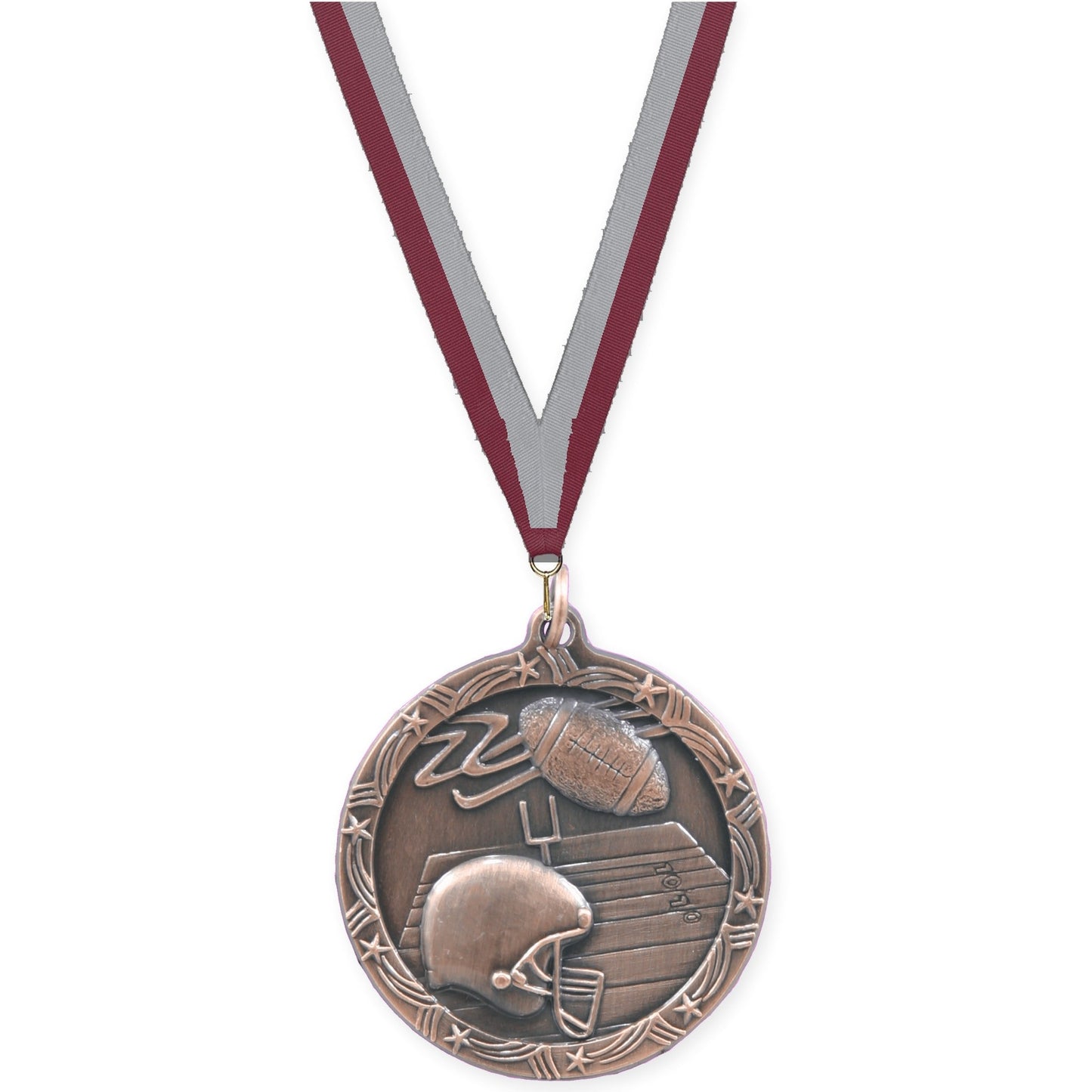 1 3/4 inch football Shooting Star medal in antique bronze with Maroon Gray neck ribbon
