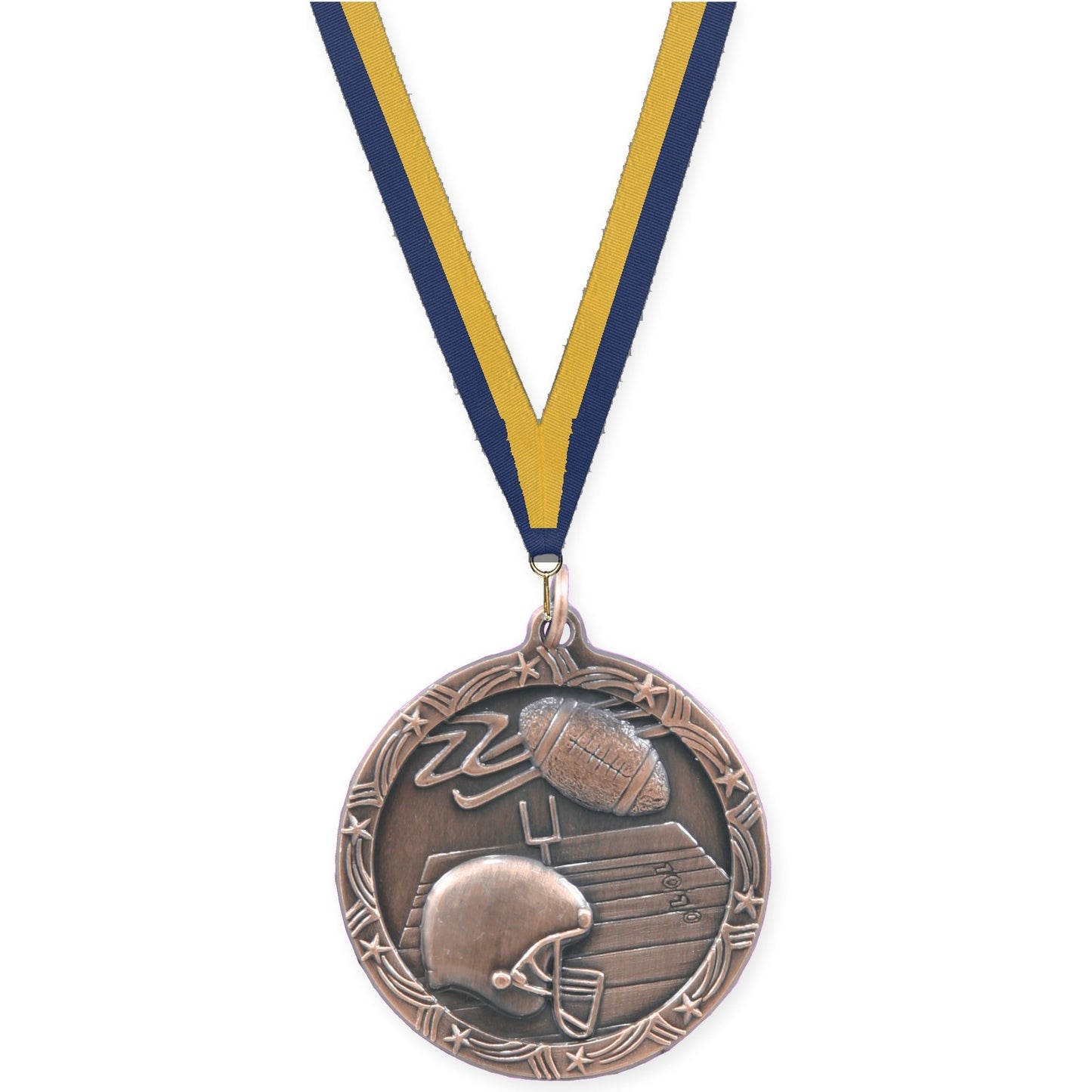1 3/4 inch football Shooting Star medal in antique bronze with Navy Gold neck ribbon