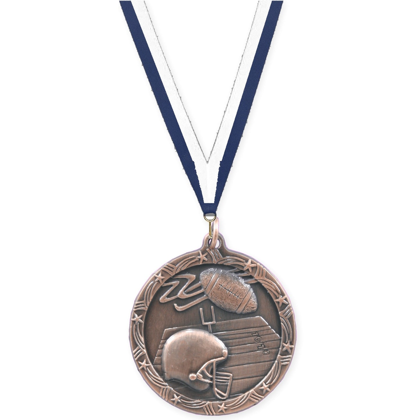 2 1/2 inch football Shooting Star medal in antique bronze with Navy White neck ribbon