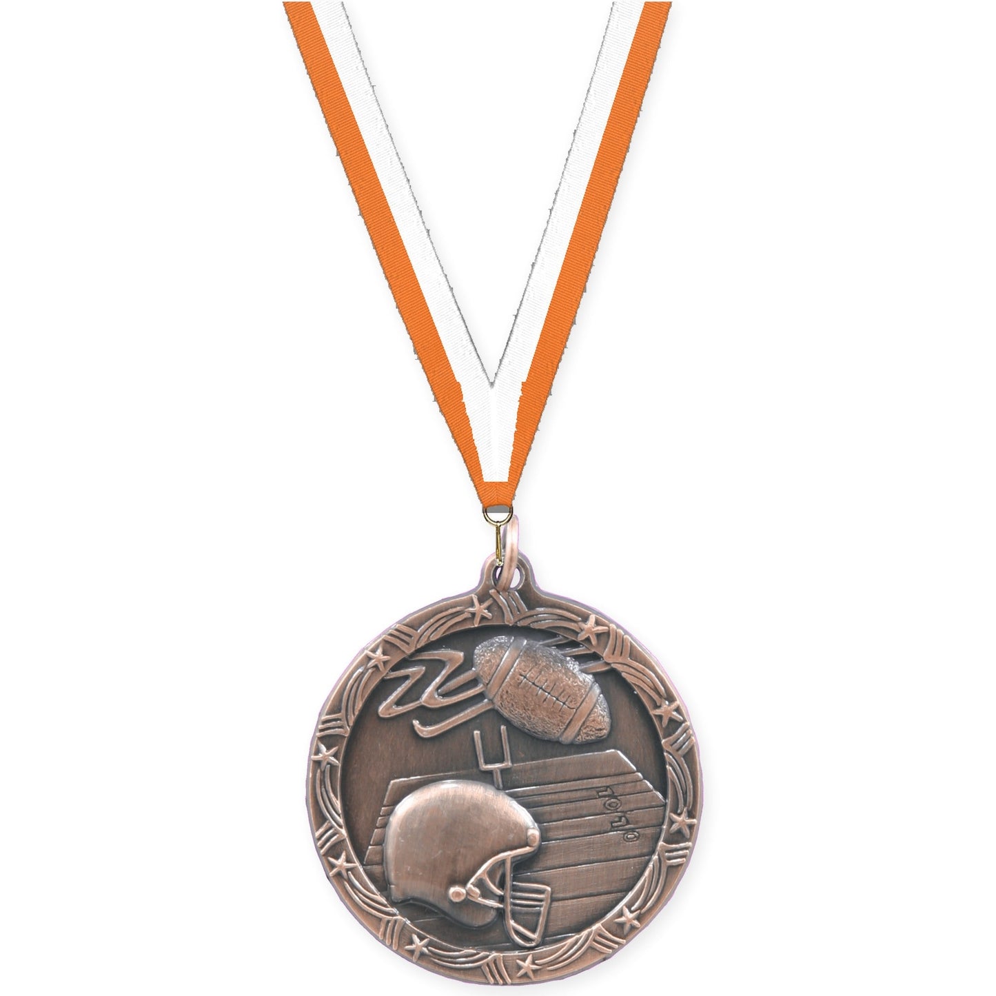 1 3/4 inch football Shooting Star medal in antique bronze with Orange White neck ribbon
