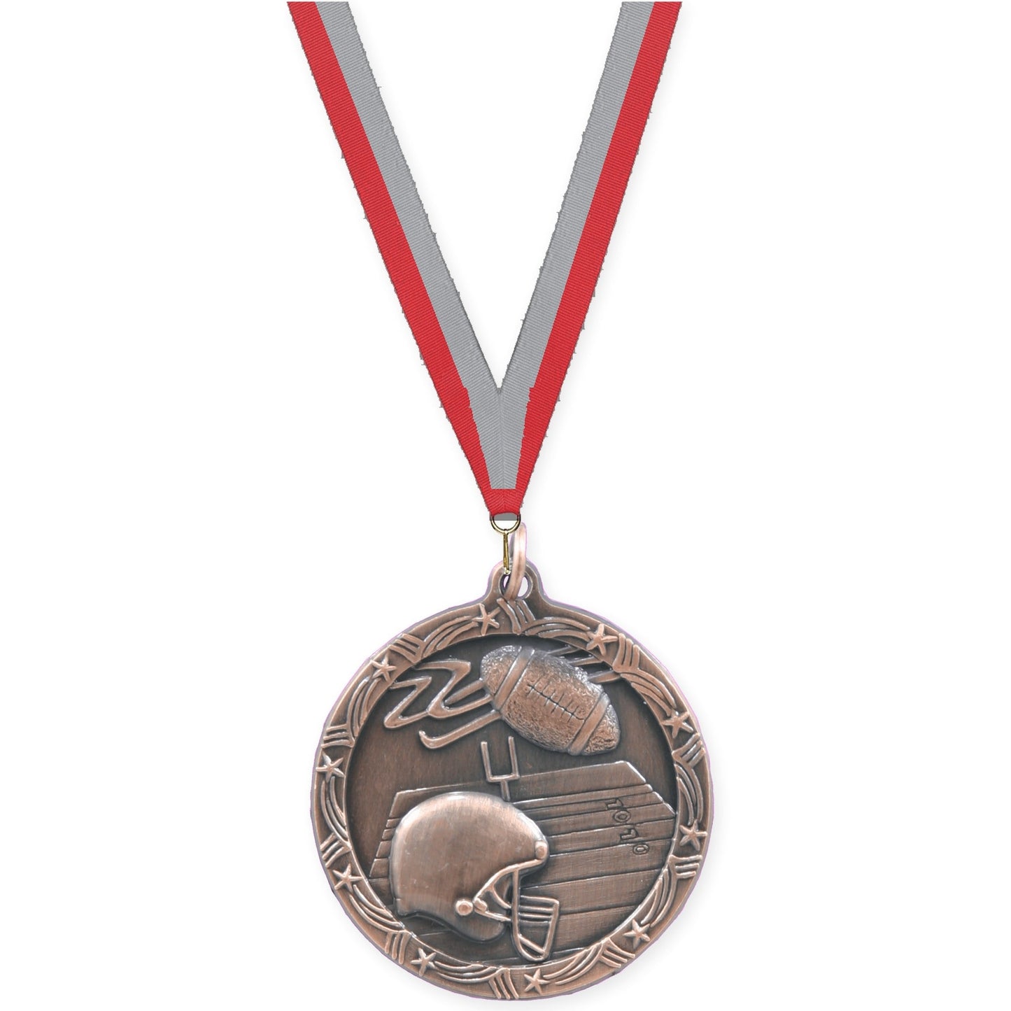 1 3/4 inch football Shooting Star medal in antique bronze with Red Gray neck ribbon