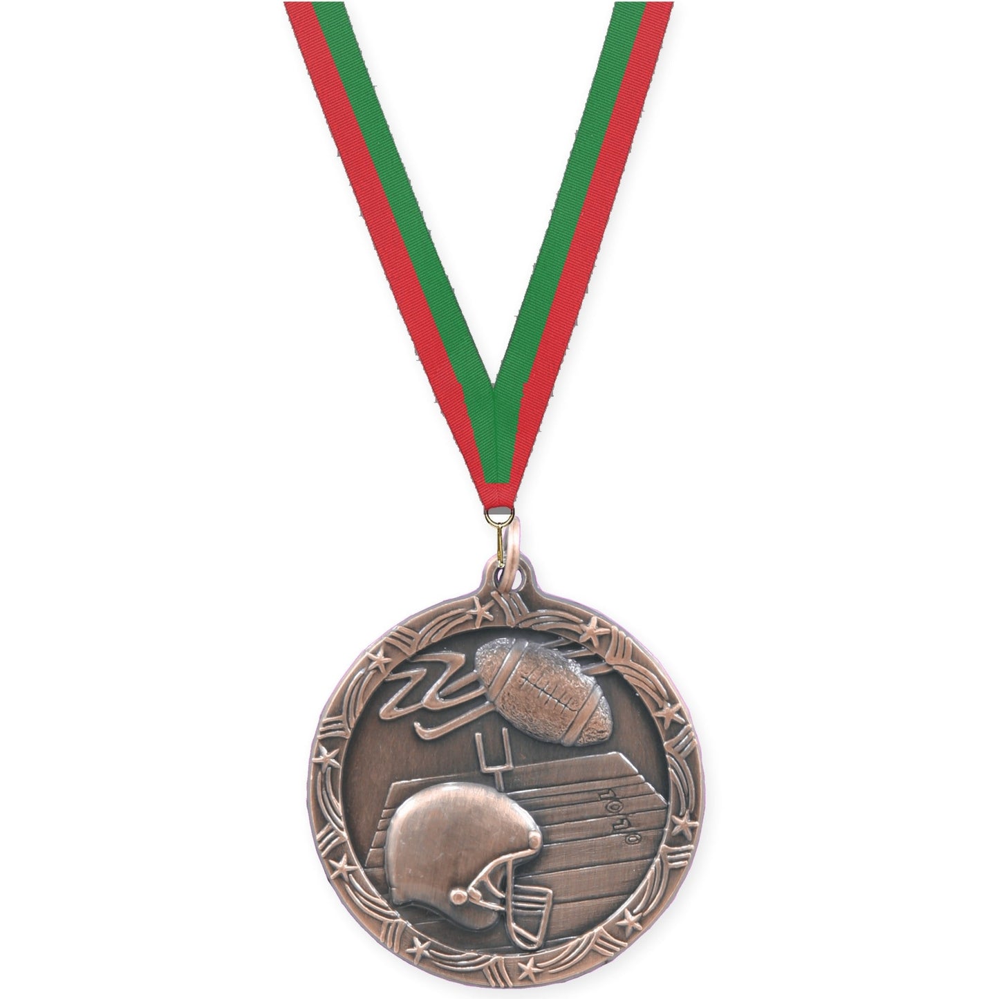 1 3/4 inch football Shooting Star medal in antique bronze with Red Green neck ribbon