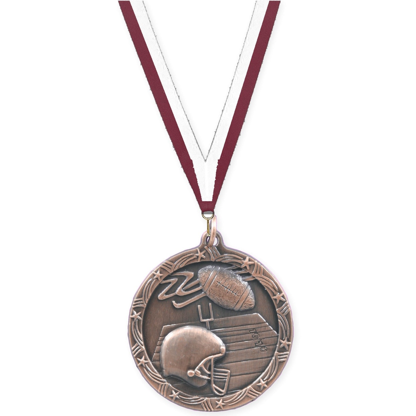 2 1/2 inch football Shooting Star medal in antique bronze with Maroon White neck ribbon