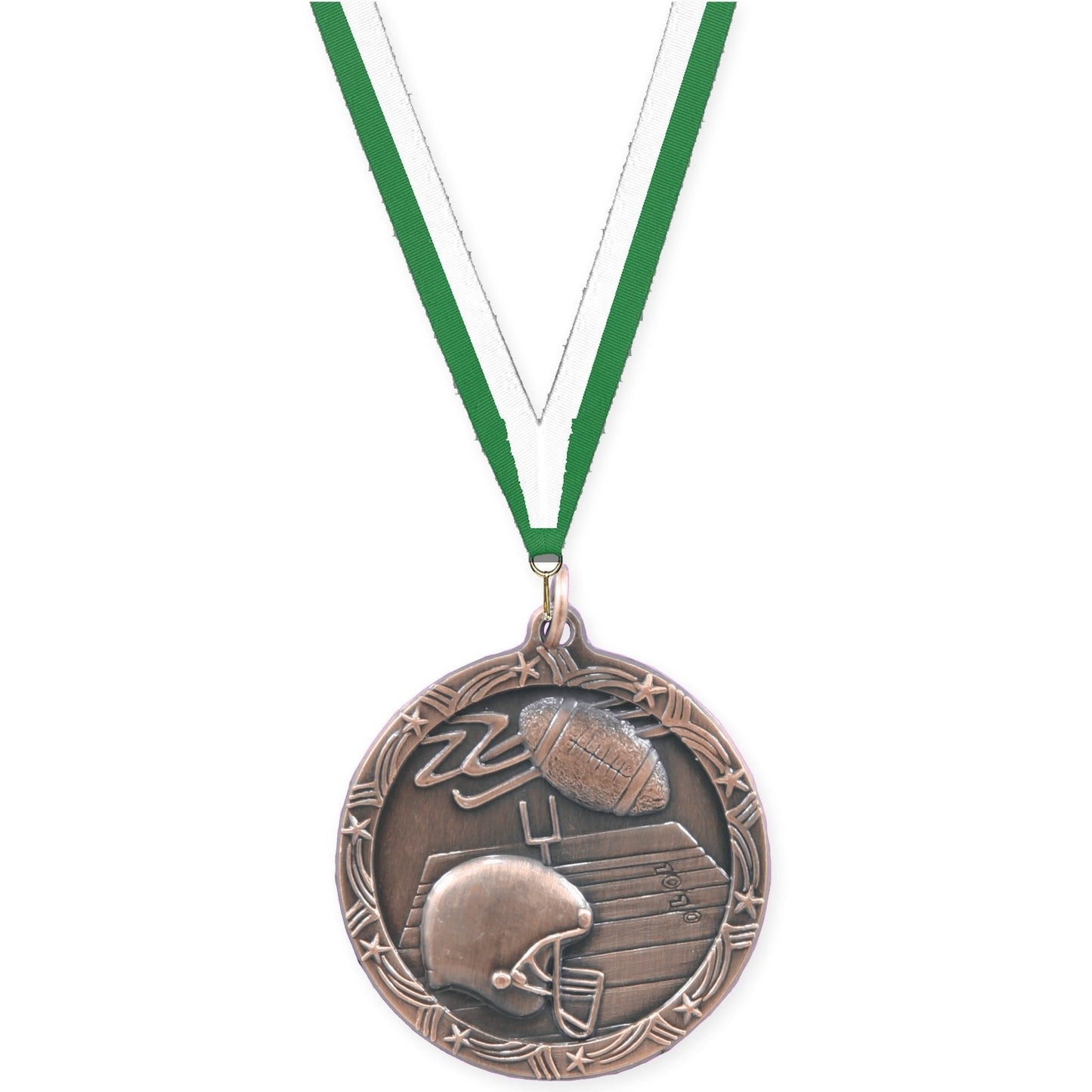 1 3/4 inch football Shooting Star medal in antique bronze with Green White neck ribbon