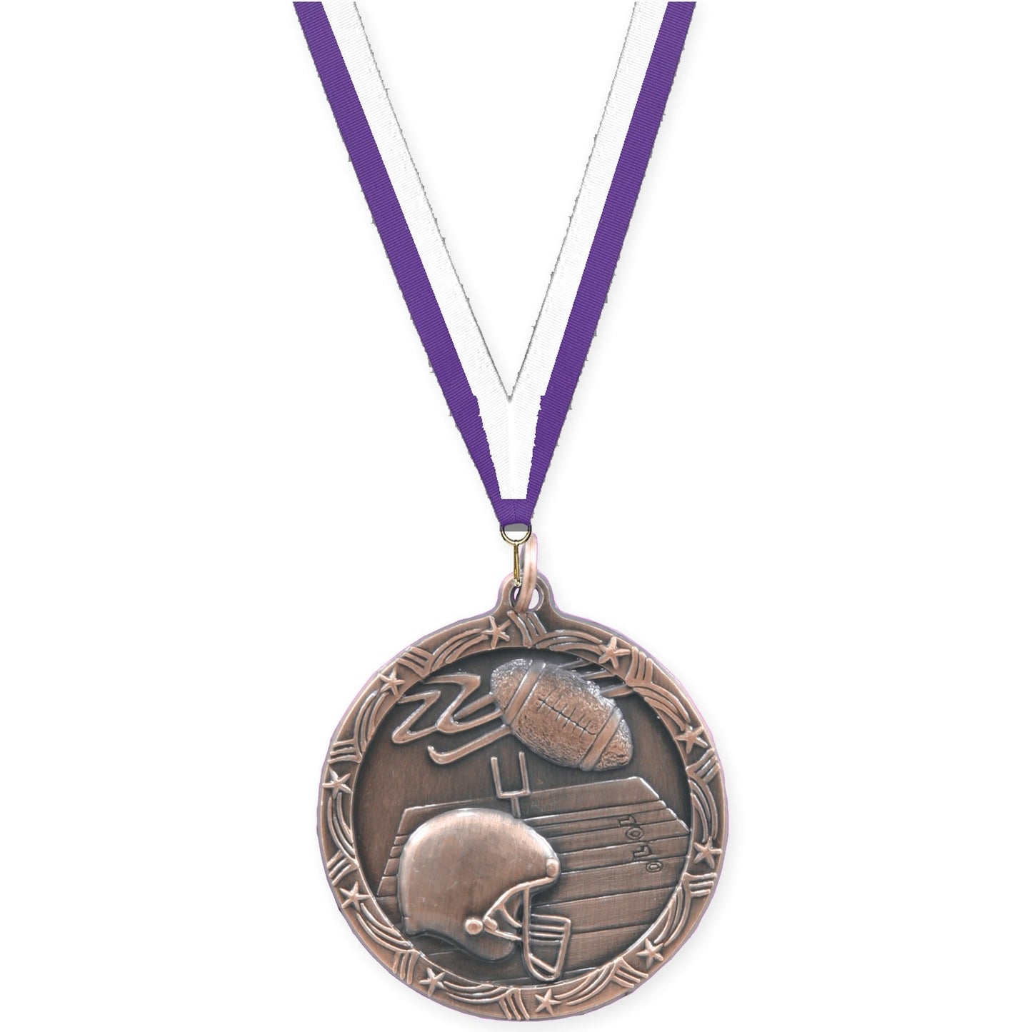 1 3/4 inch football Shooting Star medal in antique bronze with Purple White neck ribbon