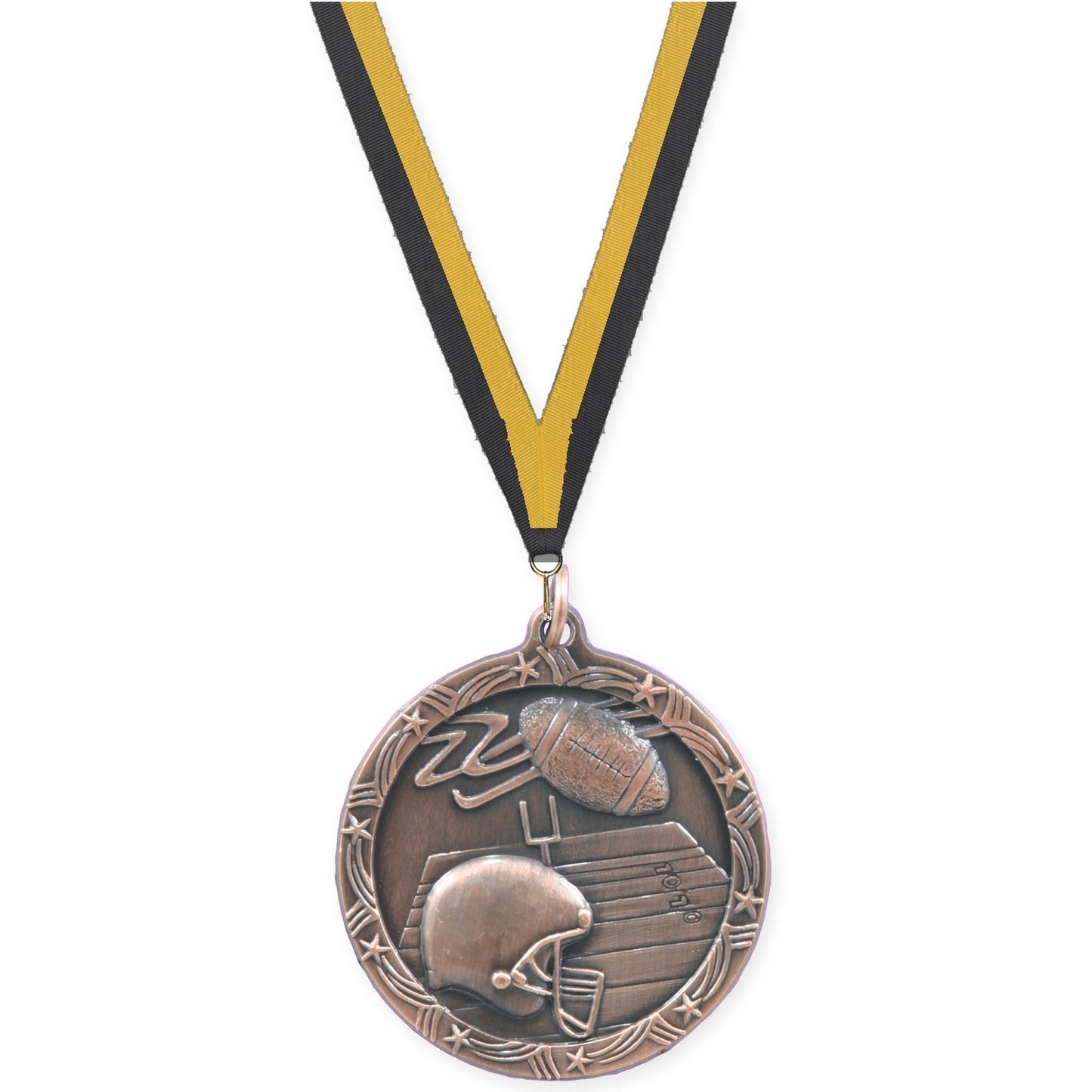 1 3/4 inch football Shooting Star medal in antique bronze with Black Gold neck ribbon