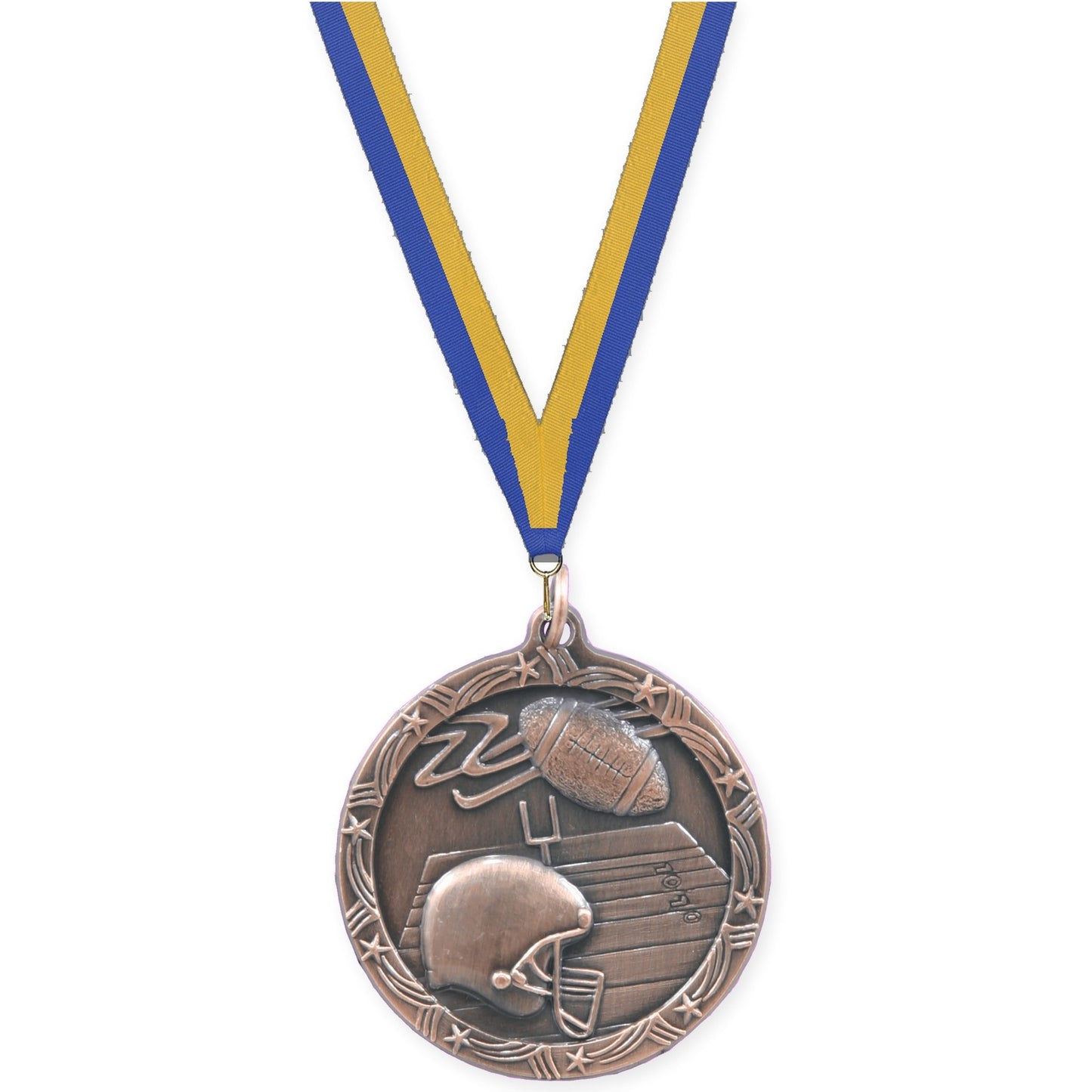 1 3/4 inch football Shooting Star medal in antique bronze with Blue Gold neck ribbon
