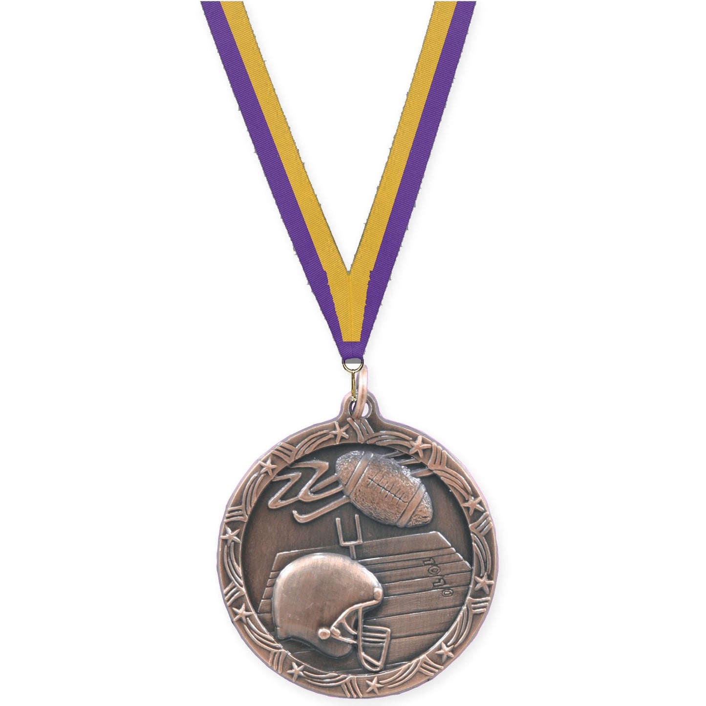 1 3/4 inch football Shooting Star medal in antique bronze with Purple Gold neck ribbon