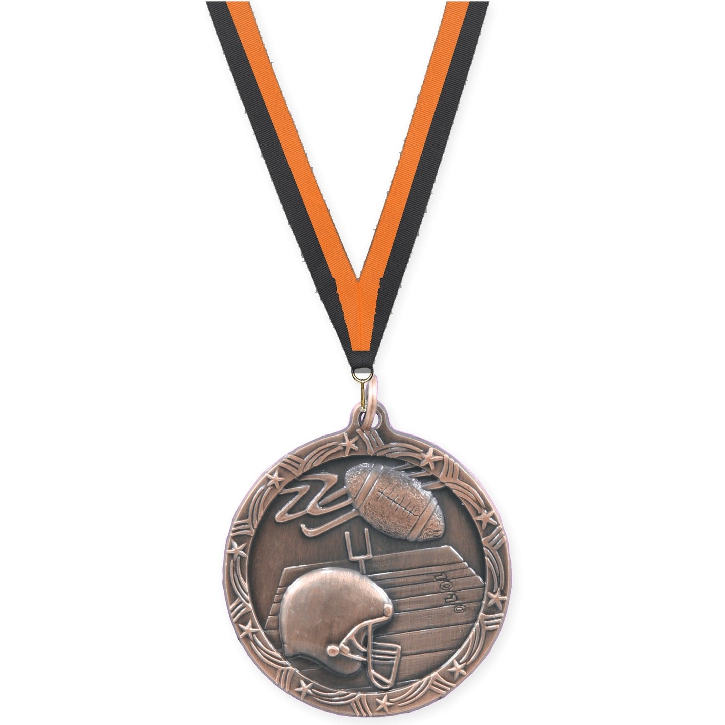 1 3/4 inch football Shooting Star medal in antique bronze with Black Orange neck ribbon
