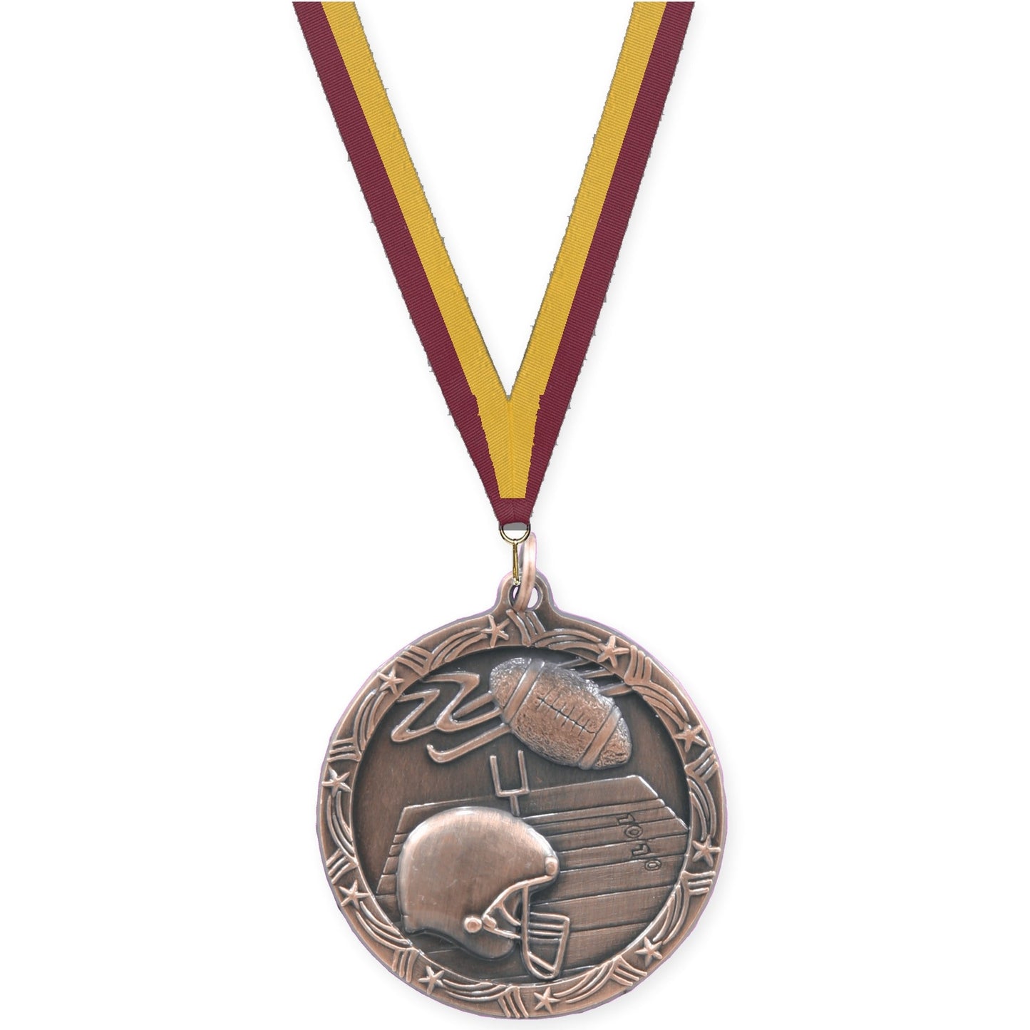 1 3/4 inch football Shooting Star medal in antique bronze with Maroon Gold neck ribbon