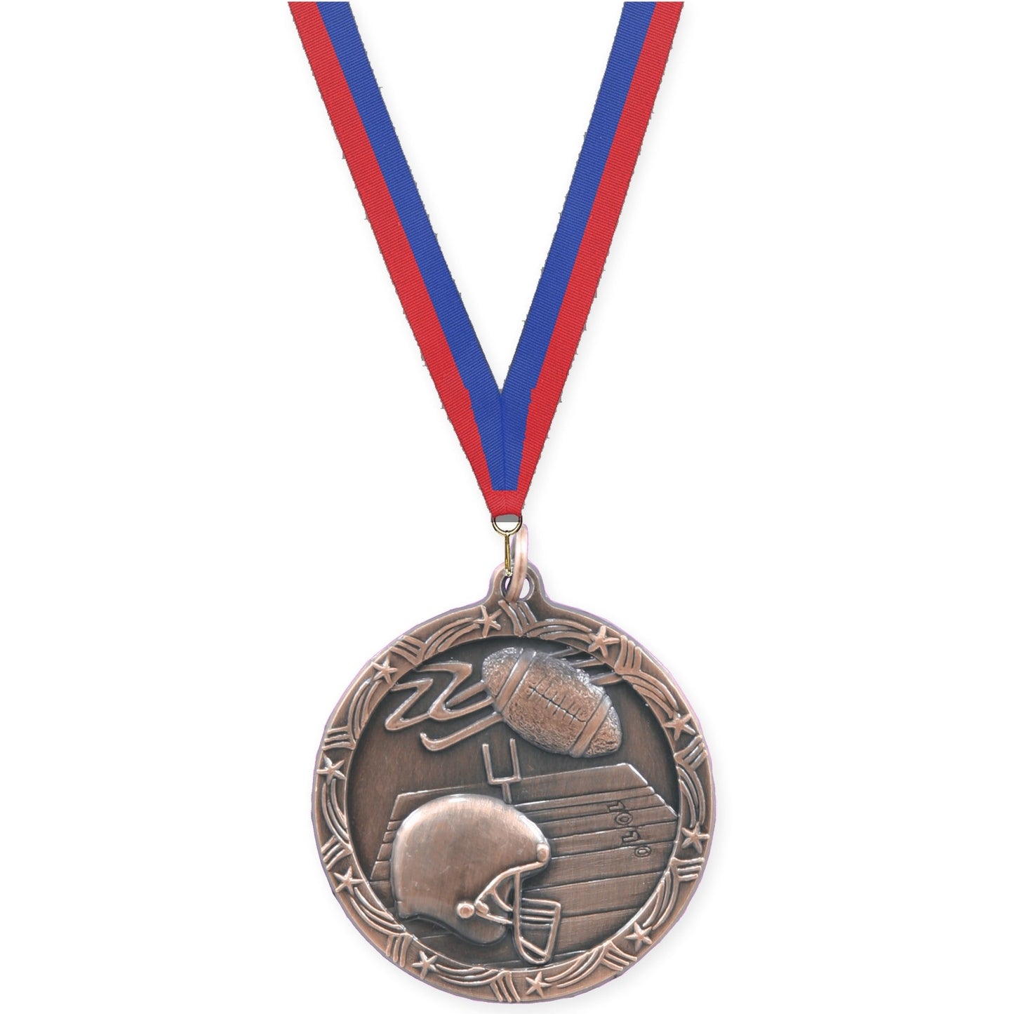 1 3/4 inch football Shooting Star medal in antique bronze with Blue Red neck ribbon
