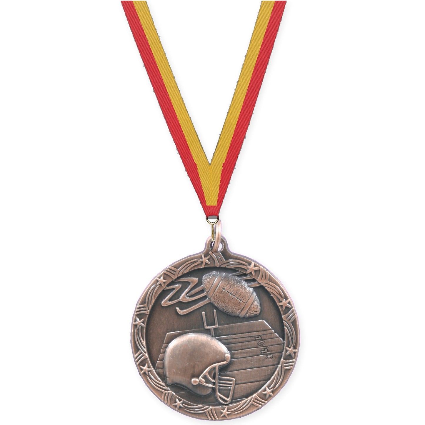 1 3/4 inch football Shooting Star medal in antique bronze with Red Gold neck ribbon