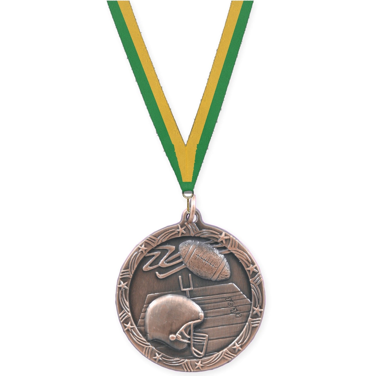 1 3/4 inch football Shooting Star medal in antique bronze with Green Gold neck ribbon