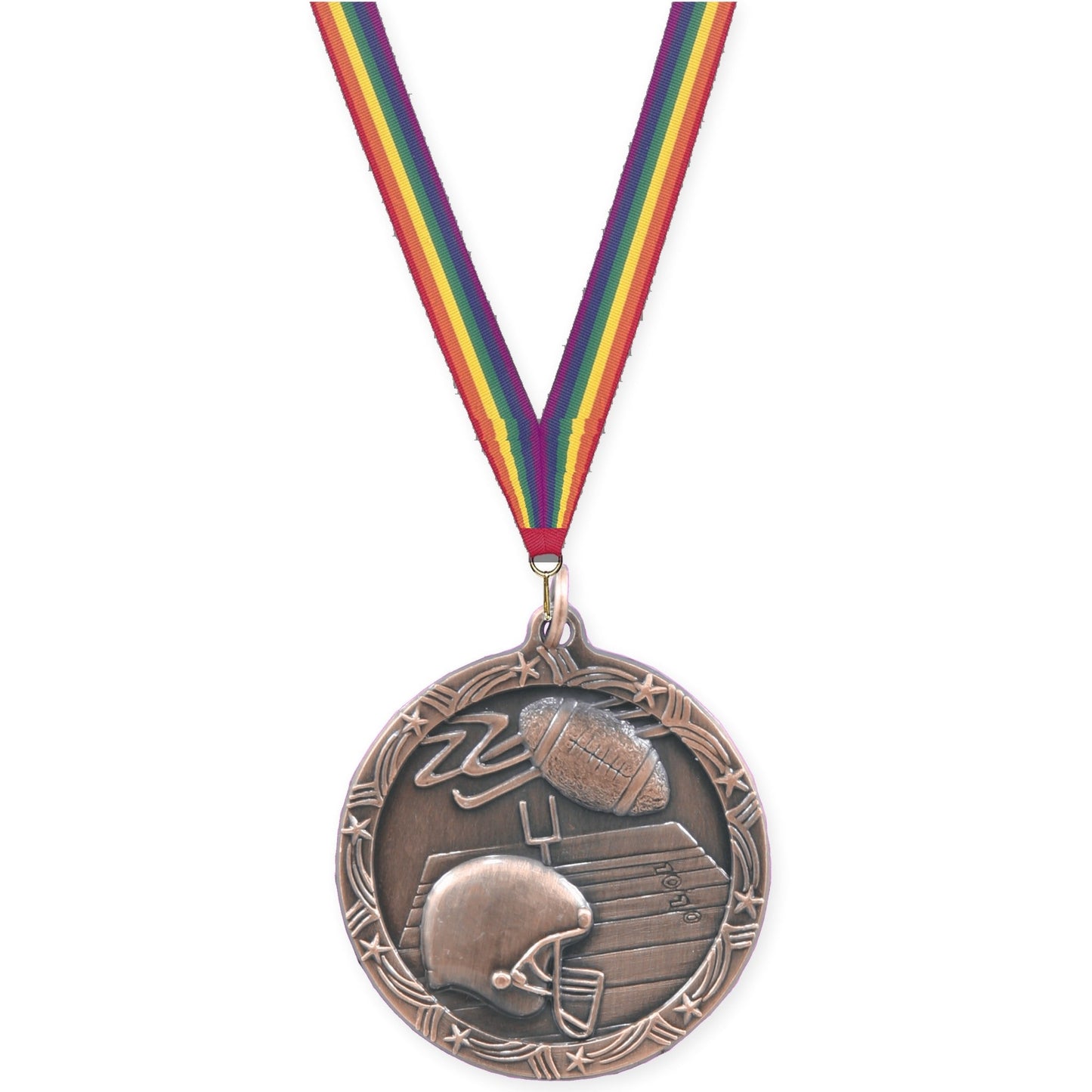 1 3/4 inch football Shooting Star medal in antique bronze with Rainbow neck ribbon