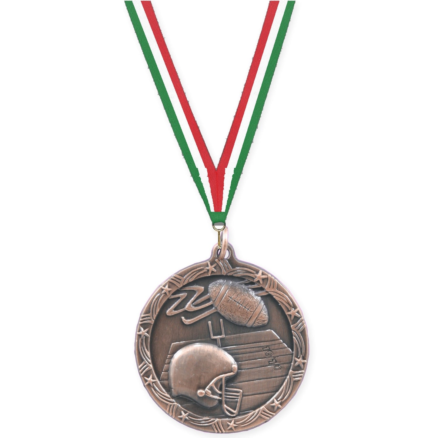 1 3/4 inch football Shooting Star medal in antique bronze with Green White Red neck ribbon