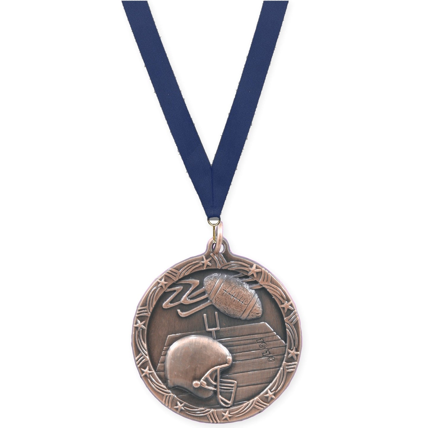 1 3/4 inch football Shooting Star medal in antique bronze with Navy neck ribbon