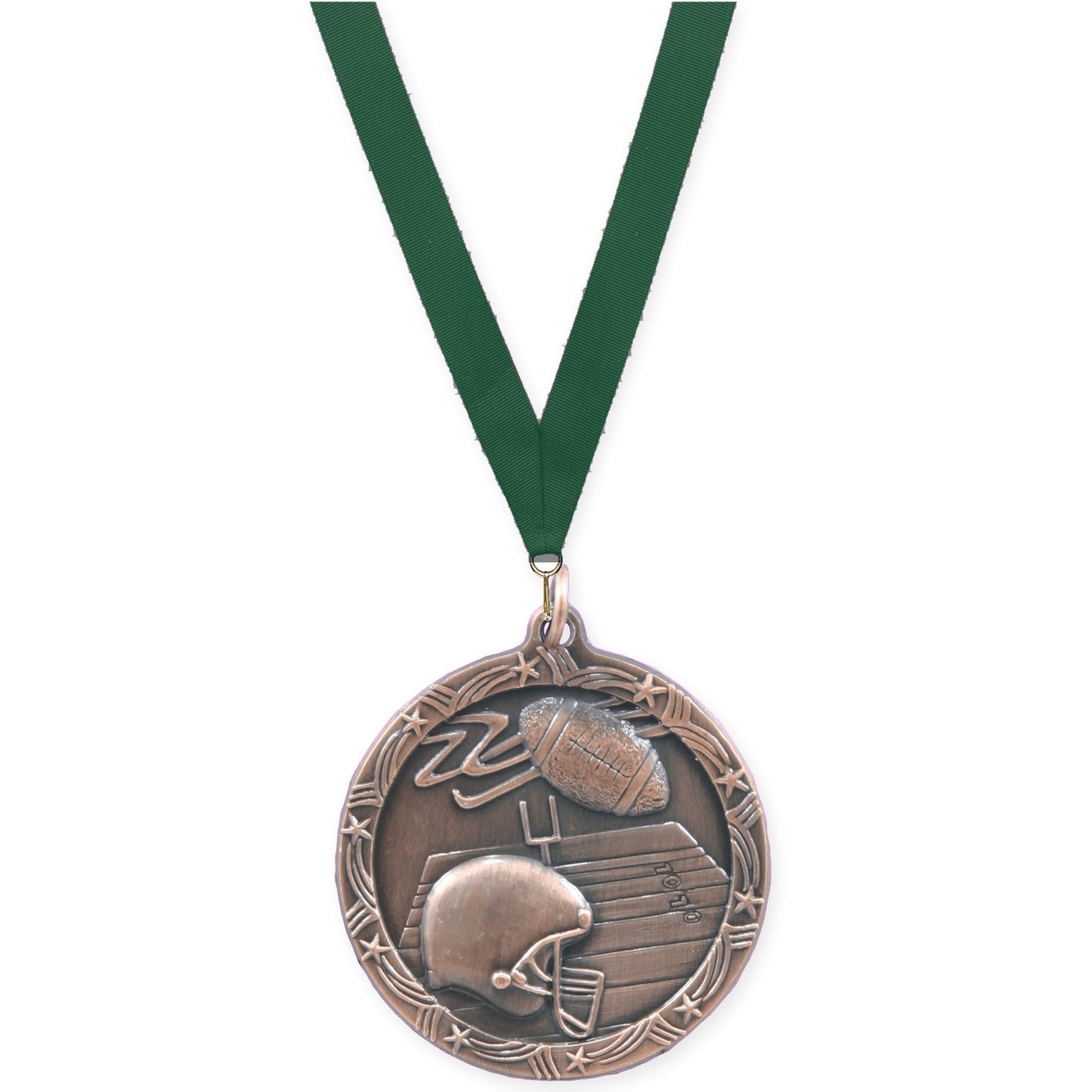 1 3/4 inch football Shooting Star medal in antique bronze with Hunter Green neck ribbon