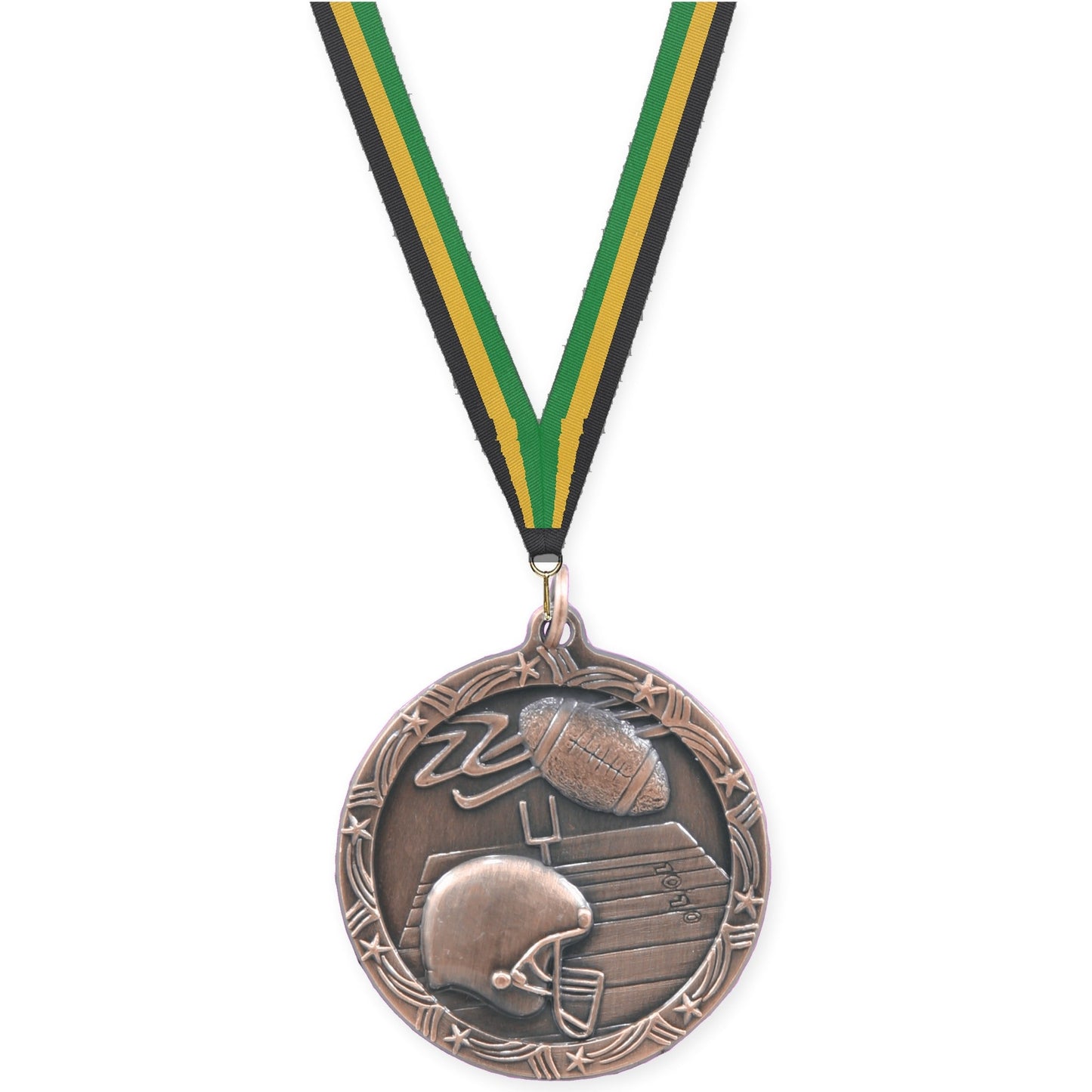 1 3/4 inch football Shooting Star medal in antique bronze with Black Gold Green neck ribbon