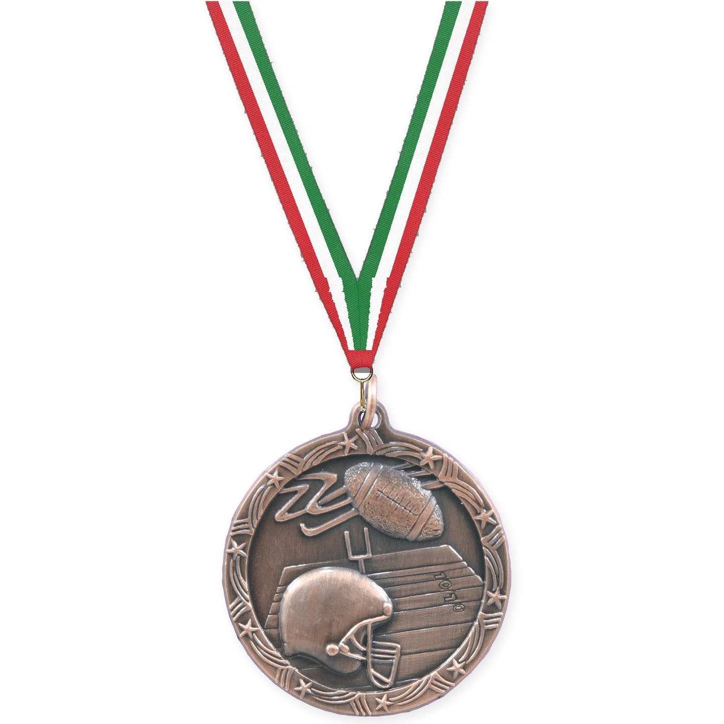 1 3/4 inch football Shooting Star medal in antique bronze with Red White Green neck ribbon