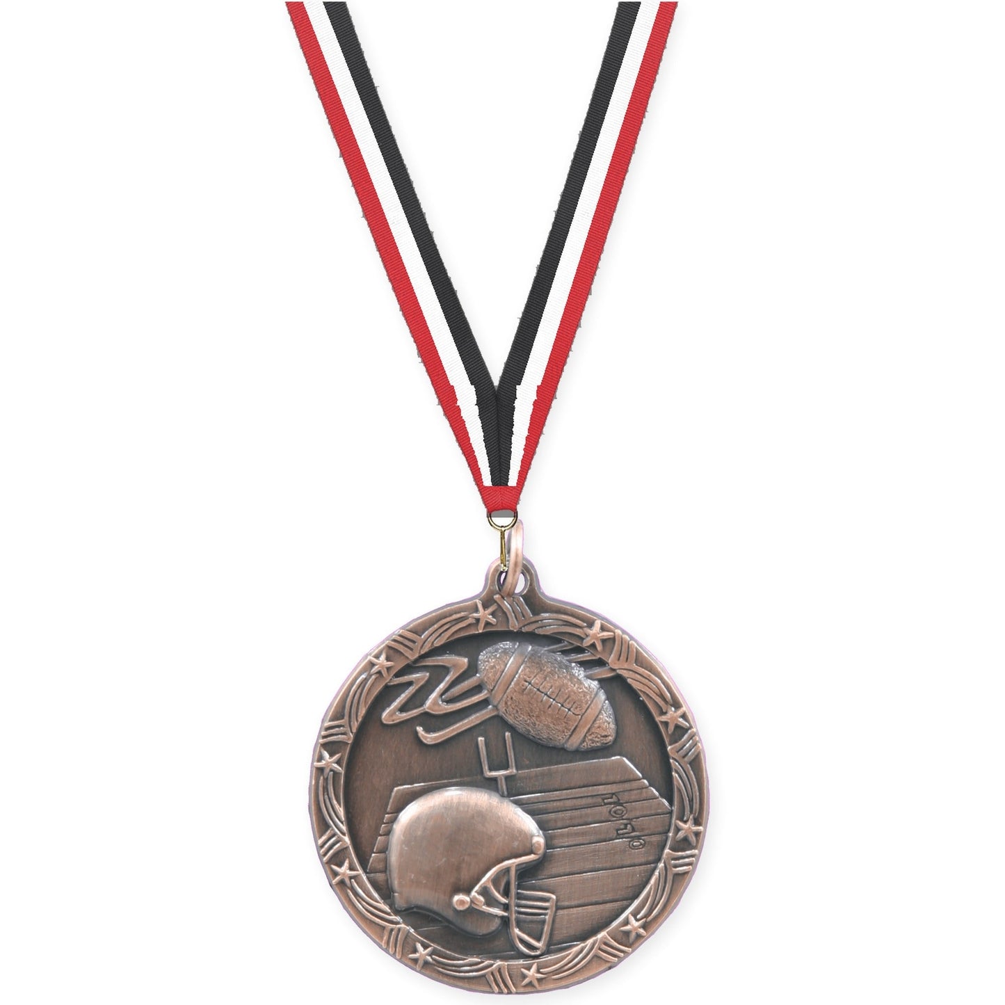 1 3/4 inch football Shooting Star medal in antique bronze with Red White Black neck ribbon