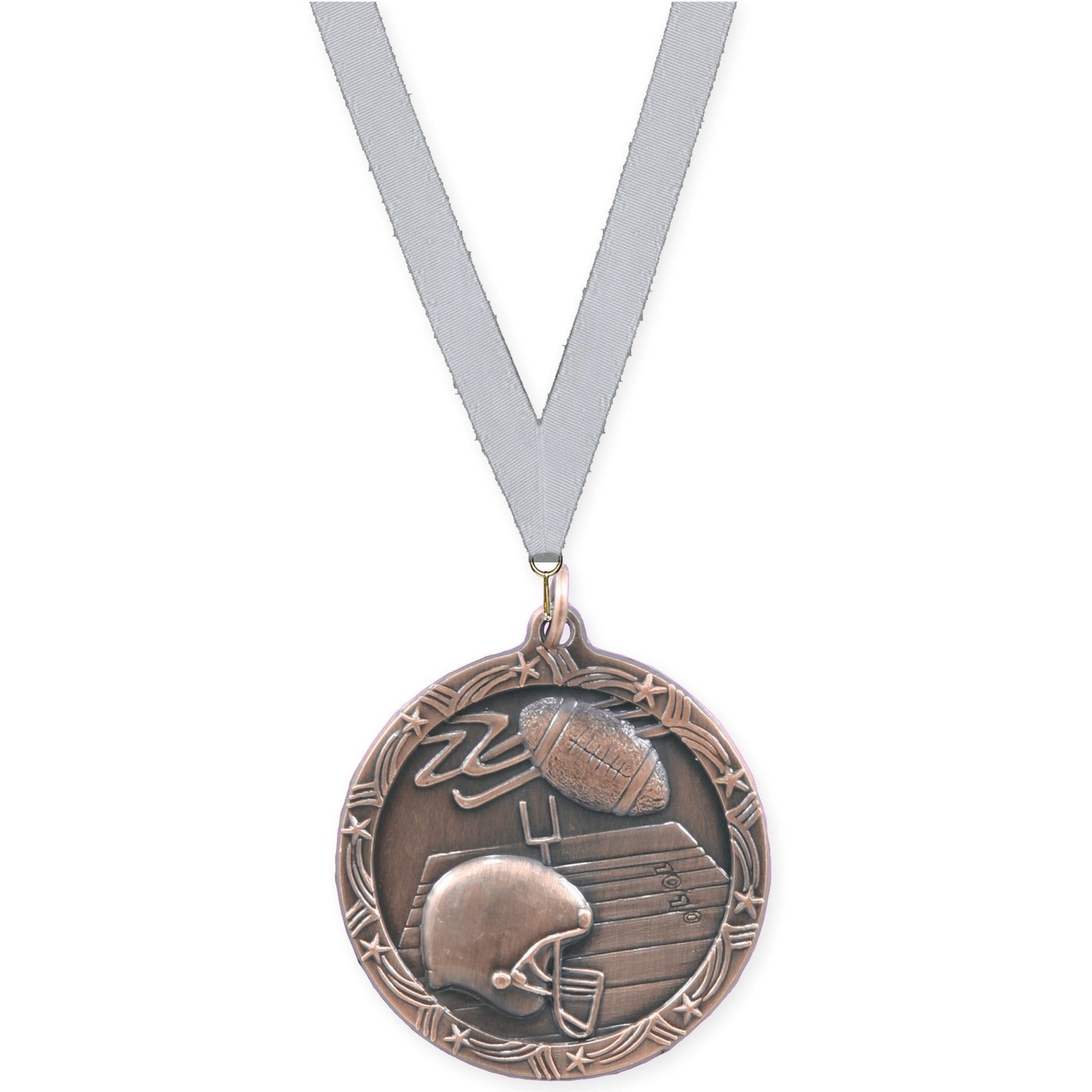 1 3/4 inch football Shooting Star medal in antique bronze with Silver Metallic neck ribbon