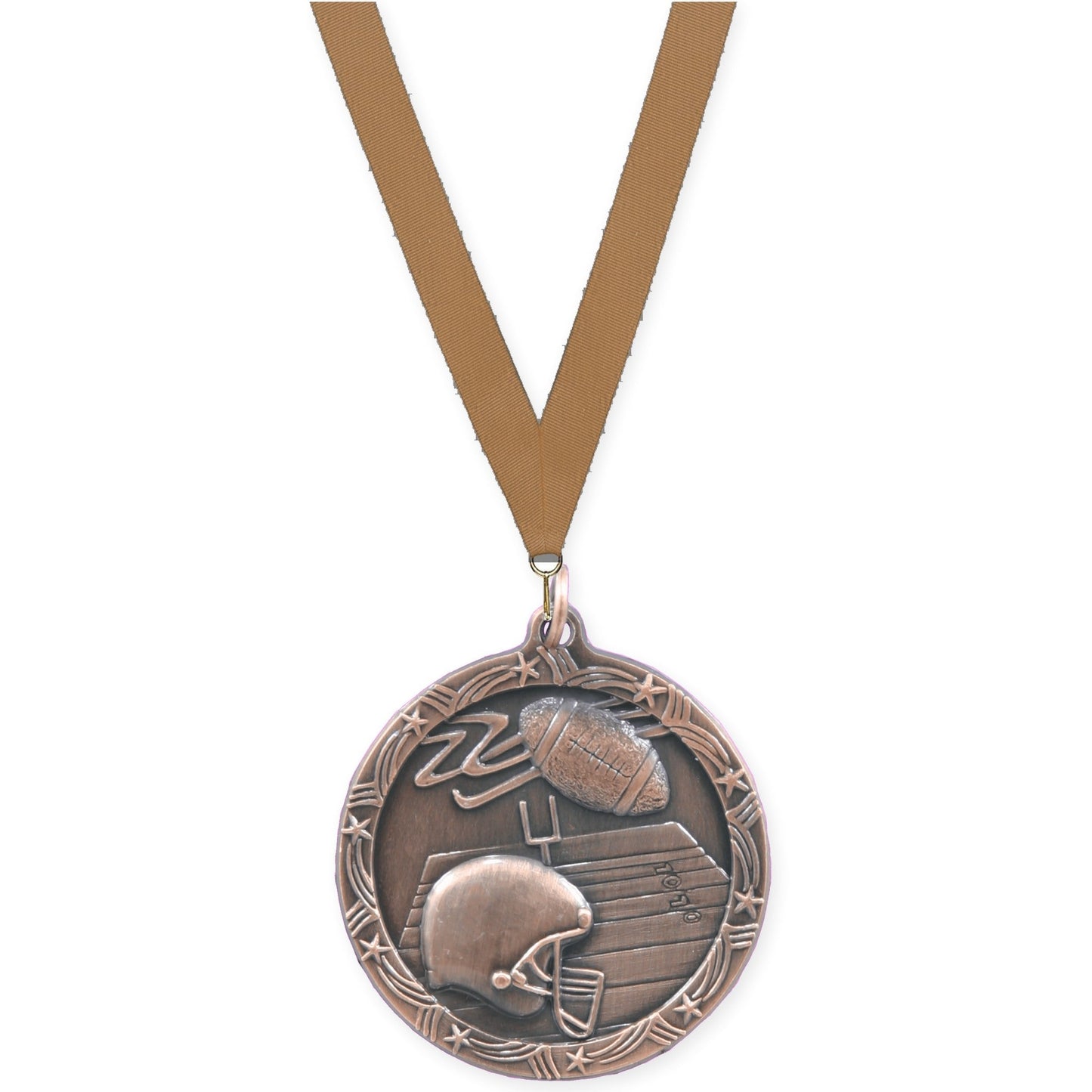 1 3/4 inch football Shooting Star medal in antique bronze with Bronze Metallic neck ribbon