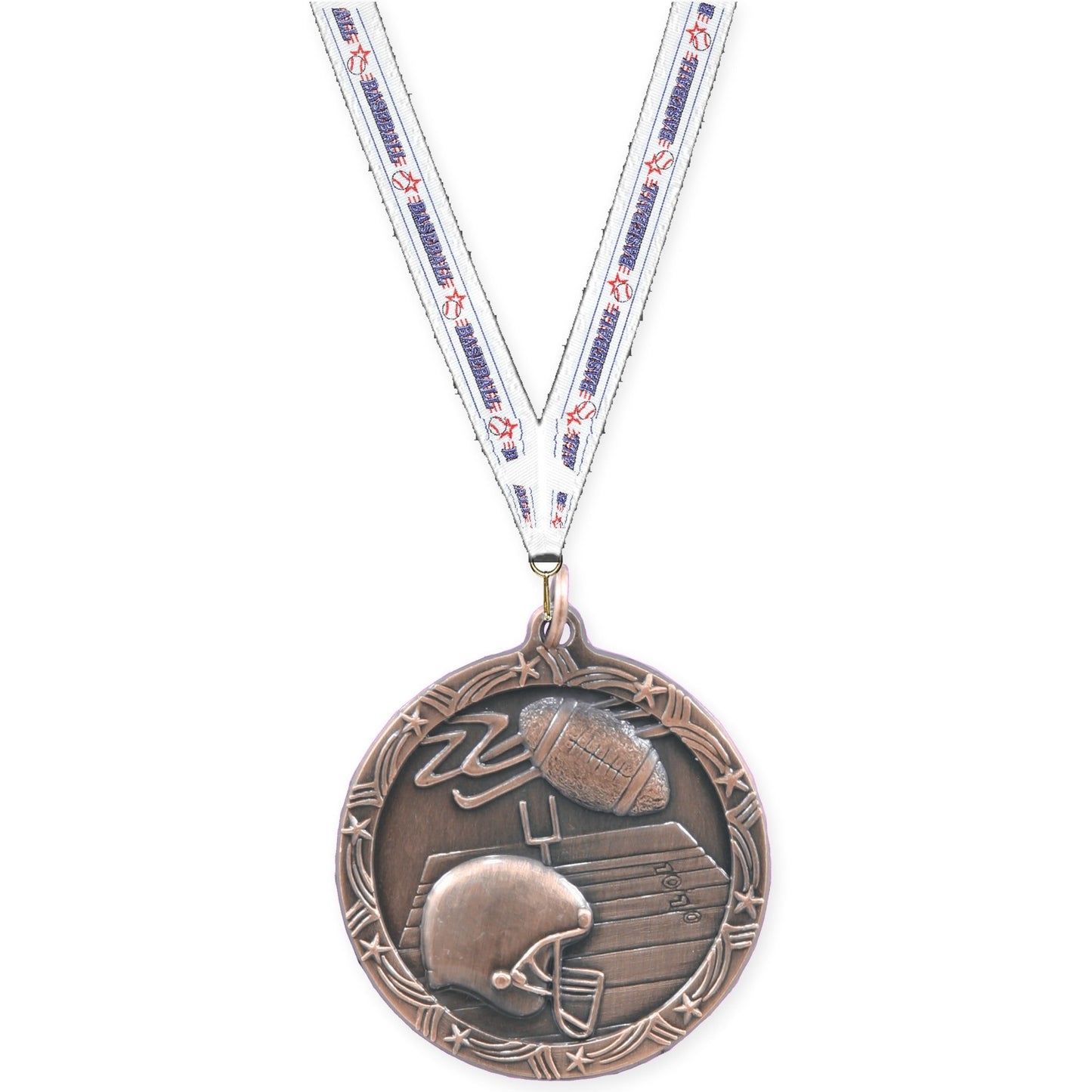 1 3/4 inch football Shooting Star medal in antique bronze with Baseball neck ribbon