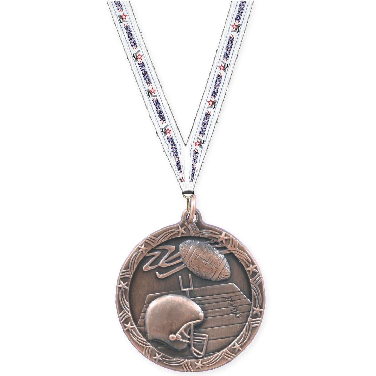 2 1/2 inch football Shooting Star medal in antique bronze with Hockey neck ribbon