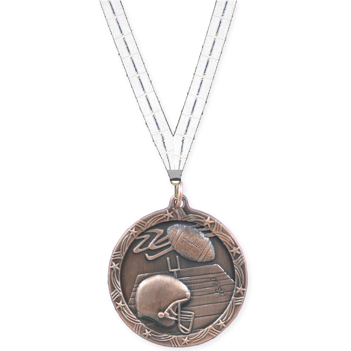 1 3/4 inch football Shooting Star medal in antique bronze with Lamp Of Knowledge neck ribbon