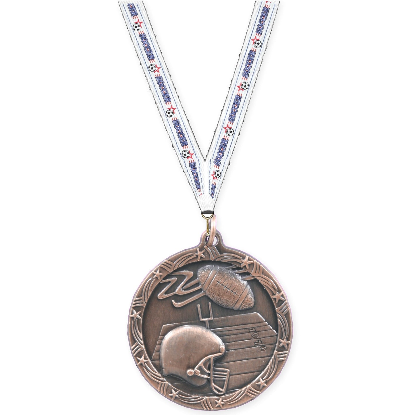 2 1/2 inch football Shooting Star medal in antique bronze with Soccer neck ribbon