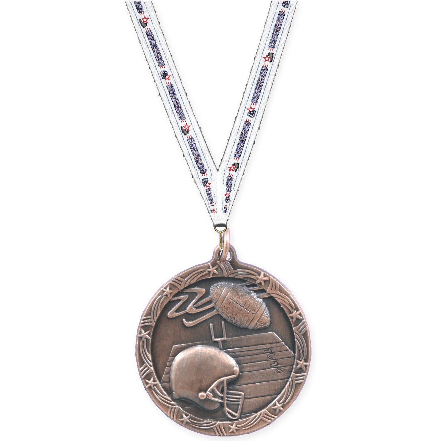 1 3/4 inch football Shooting Star medal in antique bronze with Wrestling neck ribbon