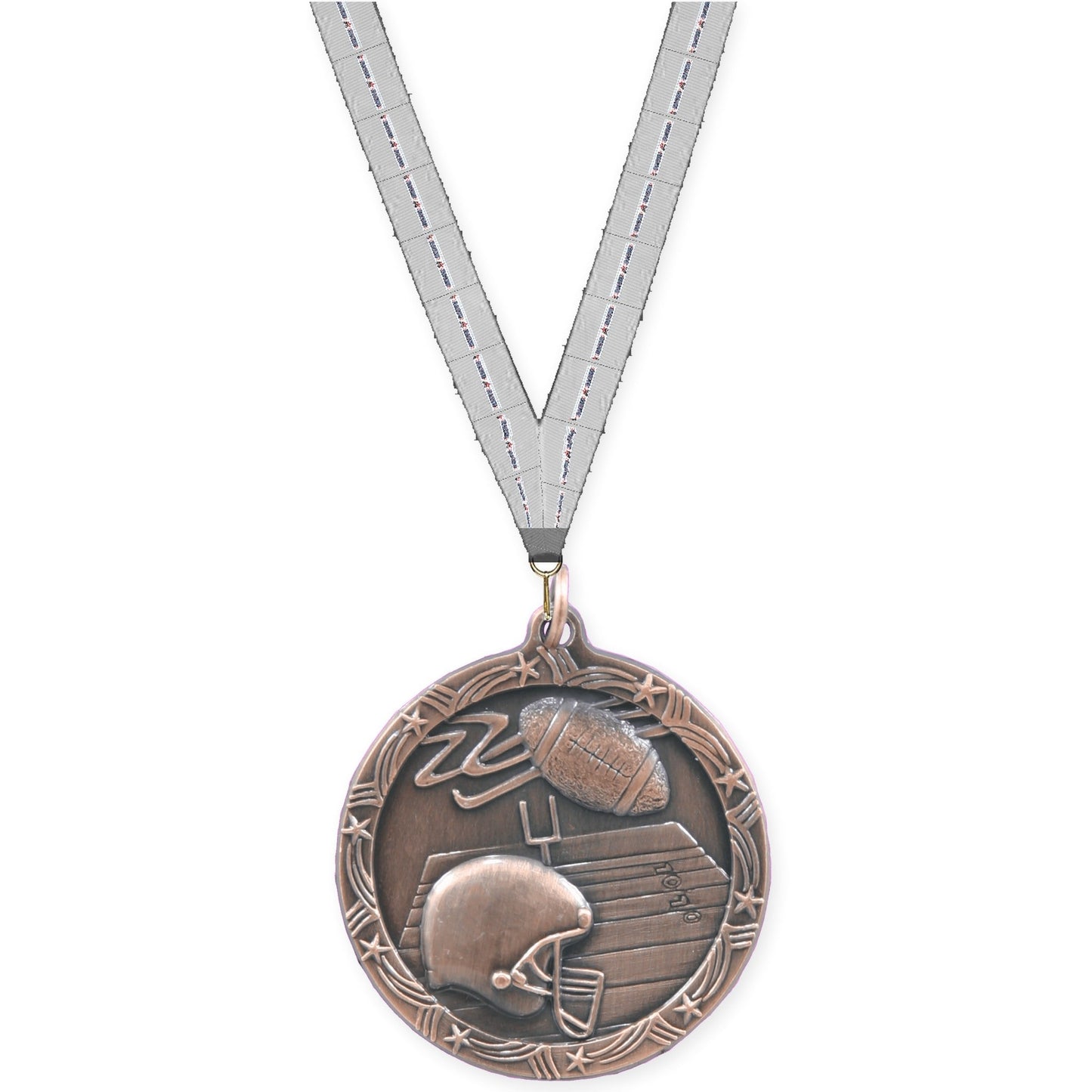 2 1/2 inch football Shooting Star medal in antique bronze with Auto Racing neck ribbon