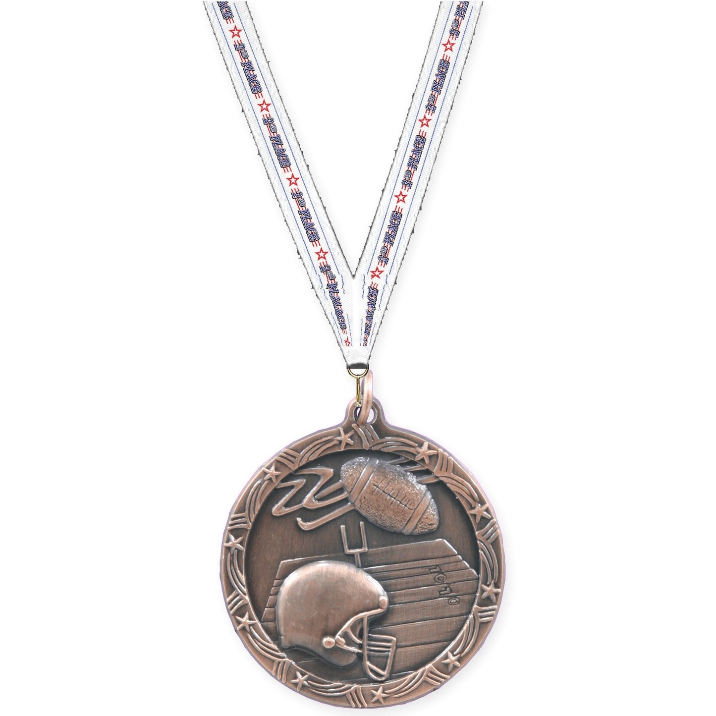 1 3/4 inch football Shooting Star medal in antique bronze with 2nd Place neck ribbon