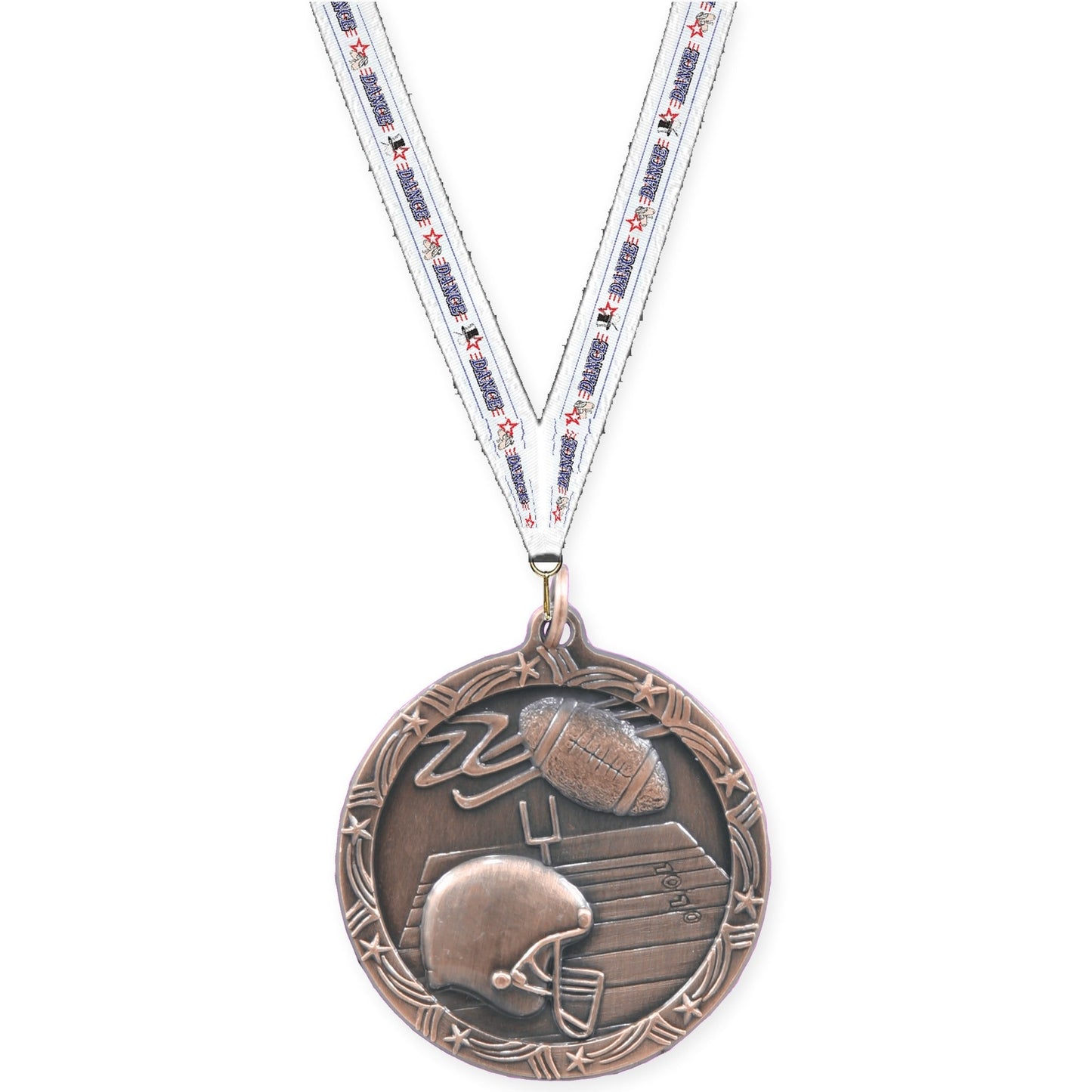 1 3/4 inch football Shooting Star medal in antique bronze with Dance neck ribbon